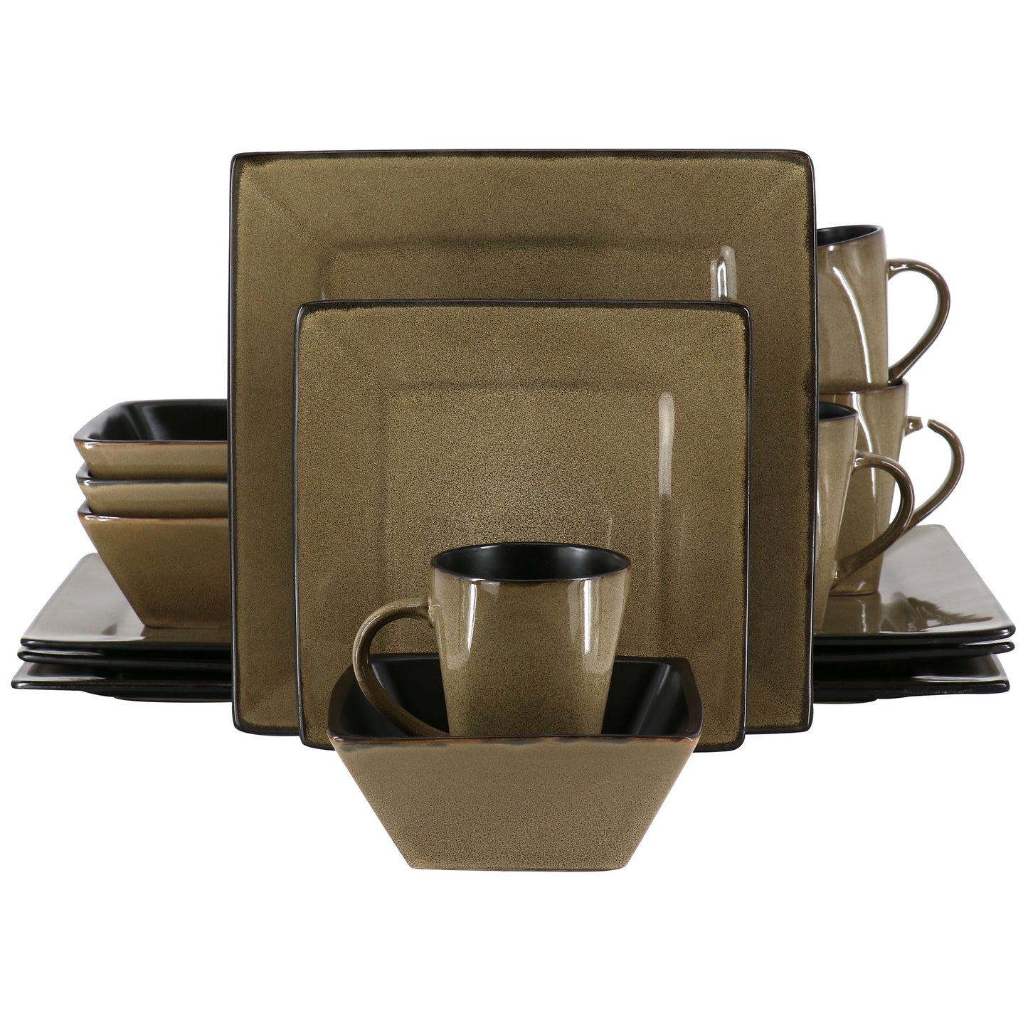 Gibson Elite Kiesling 16 Piece Hard Square Stoneware Dinnerware Set Taupe & Blac