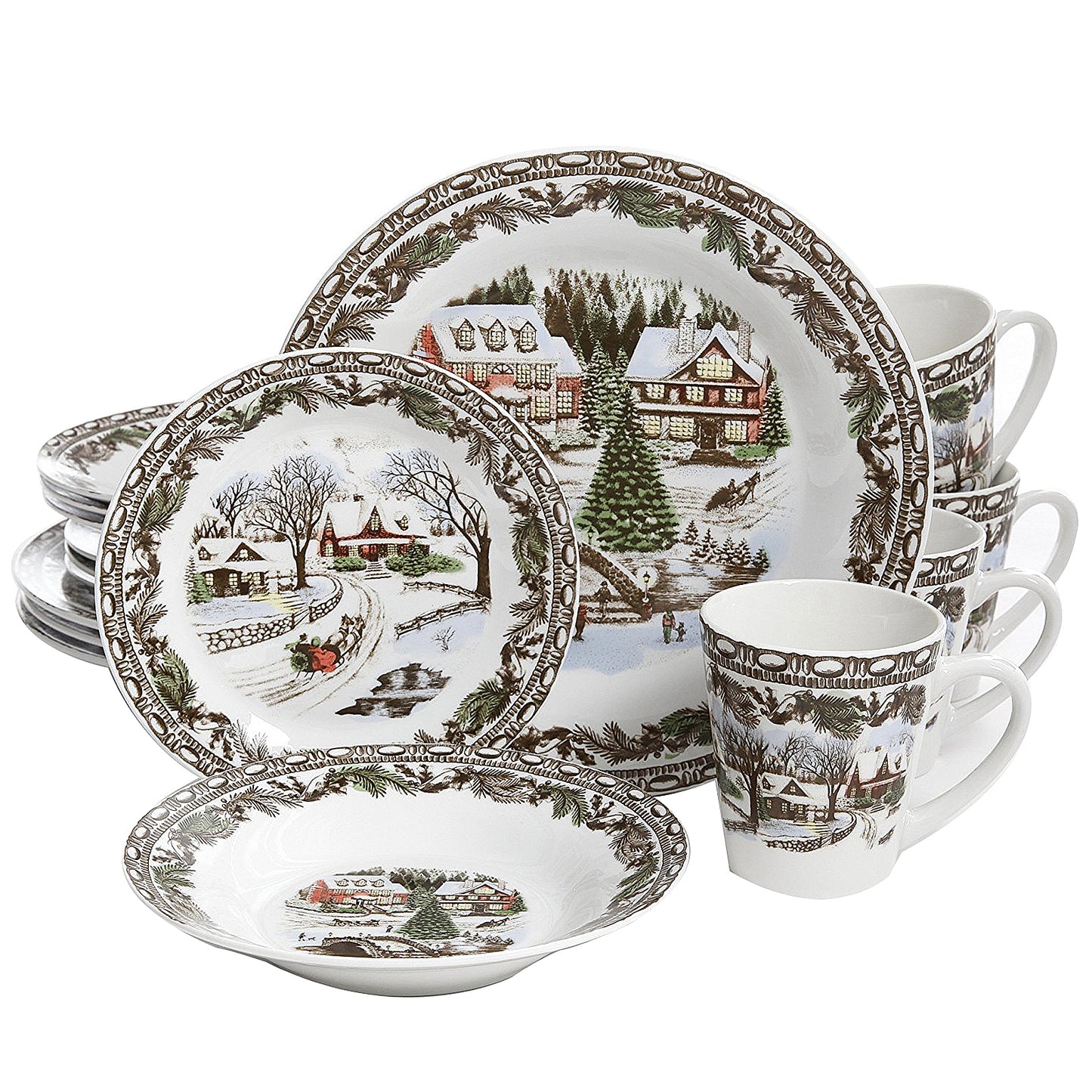Gibson Home Christmas Toile 16 Piece Round White Ceramic Complete Dinnerware Set