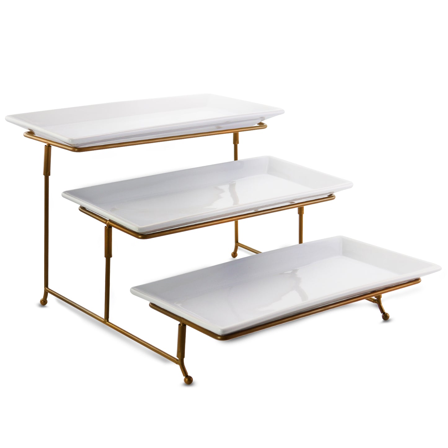 Gibson Elite Gracious Dining 3 Tiered Rectangle Porcelain Plate Set w Gold Metal