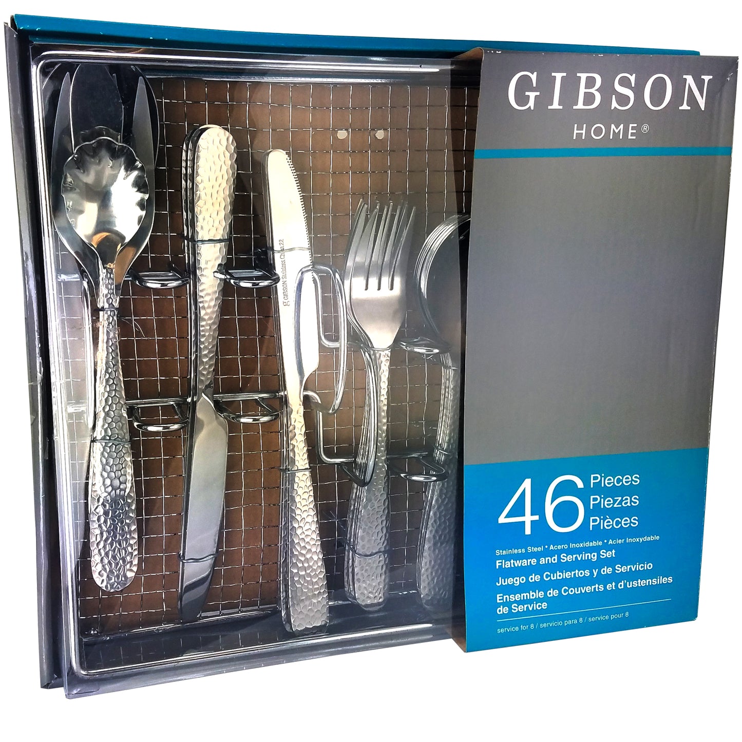 Gibson Home Hammered 46 Piece Flatware Set w Wire Caddy