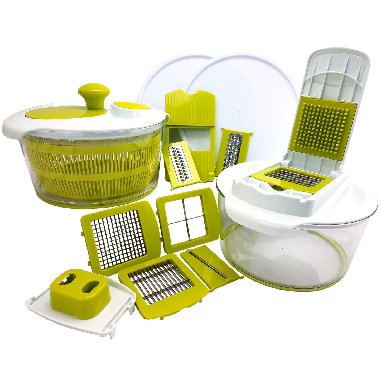 MegaChef 10-in-1 Multi-Use Salad Spinner Slicer Dicer Chopper with Blades Lids