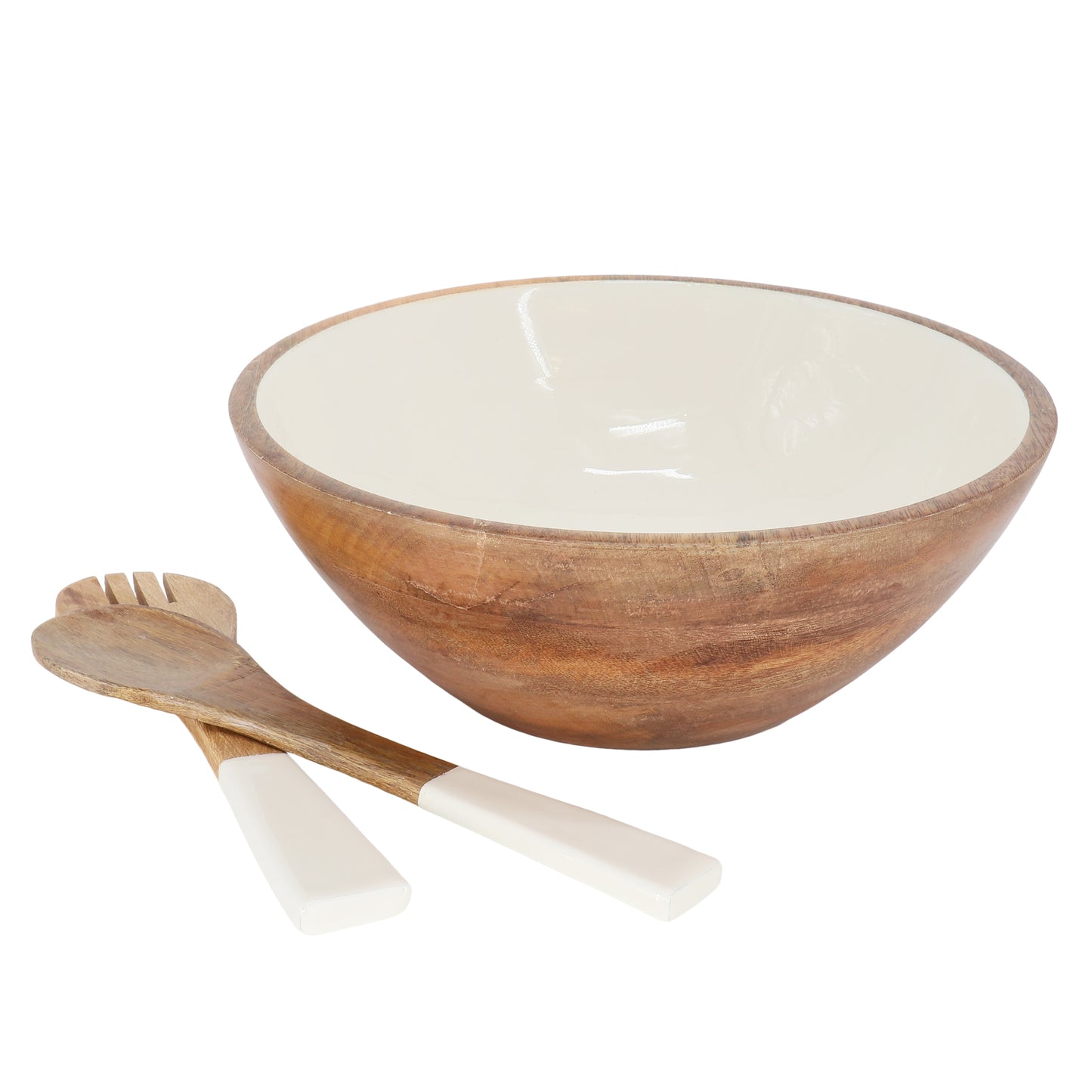 Laurie Gates 12" Enameled Mango Wood Serving Bowl & Serving Utensils in White &