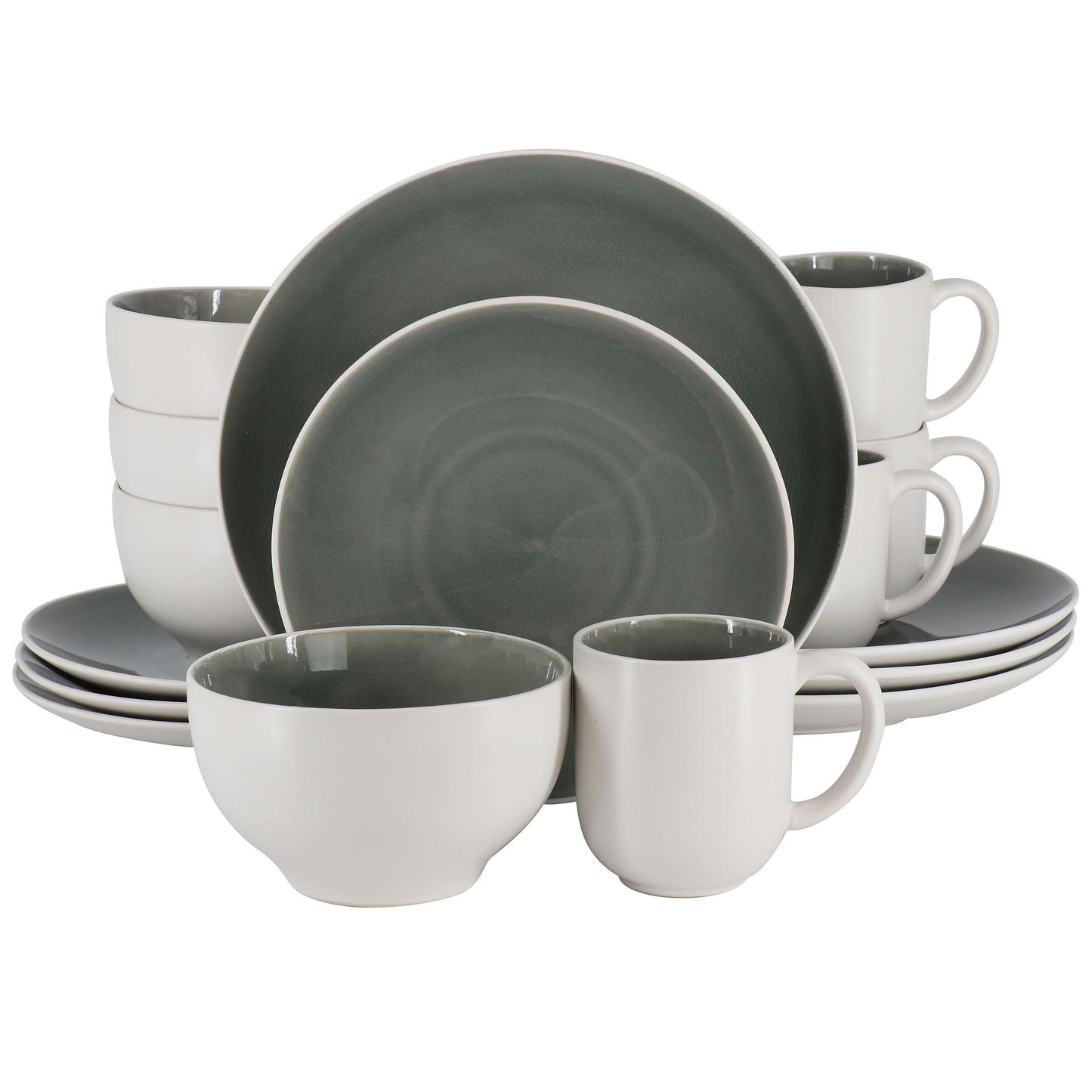 Gibson Elite Serenity Crackle Glazed 16 Piece Stoneware Dinnerware Set in Grey