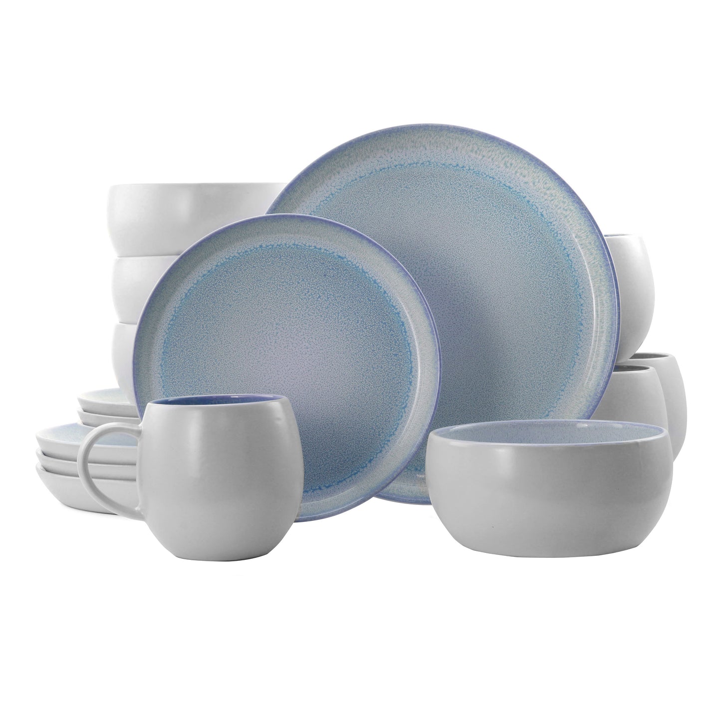 Elama Mocha Blue 16 Piece Round Stoneware Dinnerware Dish Set Complete