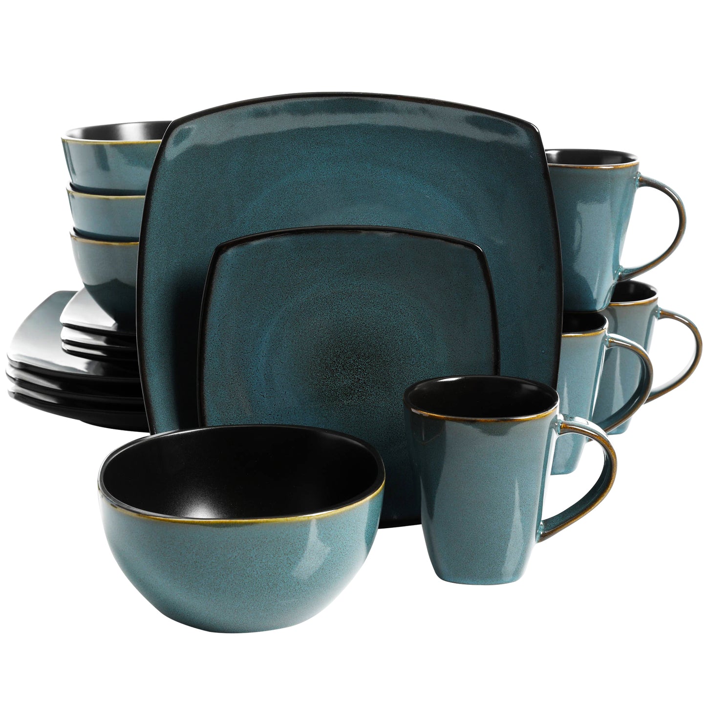 Soho Lounge 16 pc Soft Square Stoneware Dinnerware Set in Teal Green