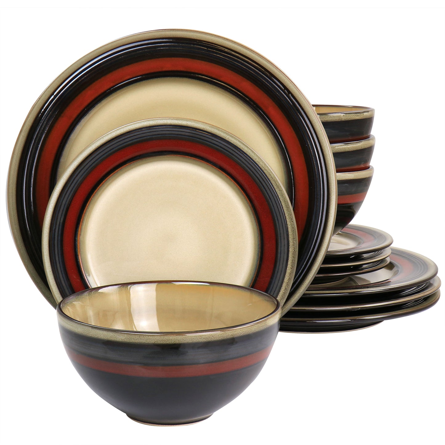 Gibson Elite Everston 12 Piece Stoneware Dinnerware Set in Red & Brown