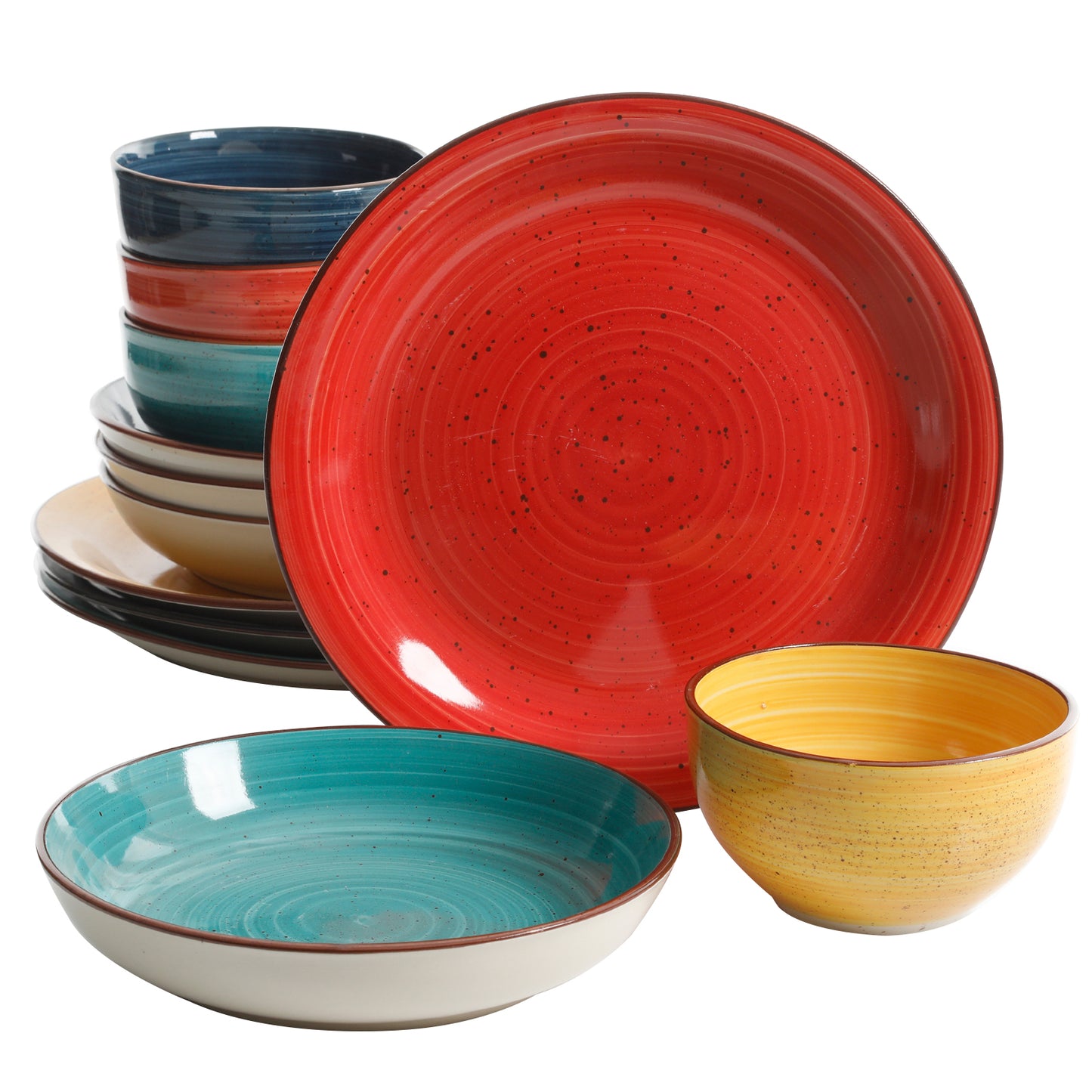 Gibson Color Speckle 12 Piece Mix & Match Double Bowl Dinnerware Set in 4 Assor