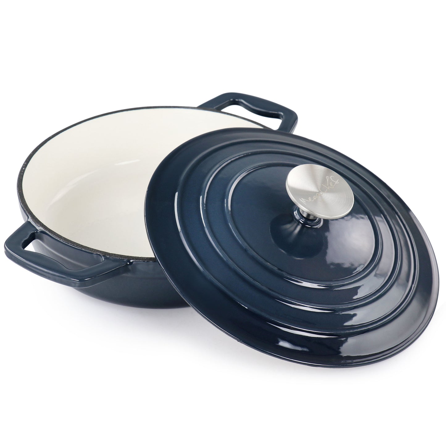 MegaChef 2 qt Round Enameled Cast Iron Braiser Pan in Dark Blue