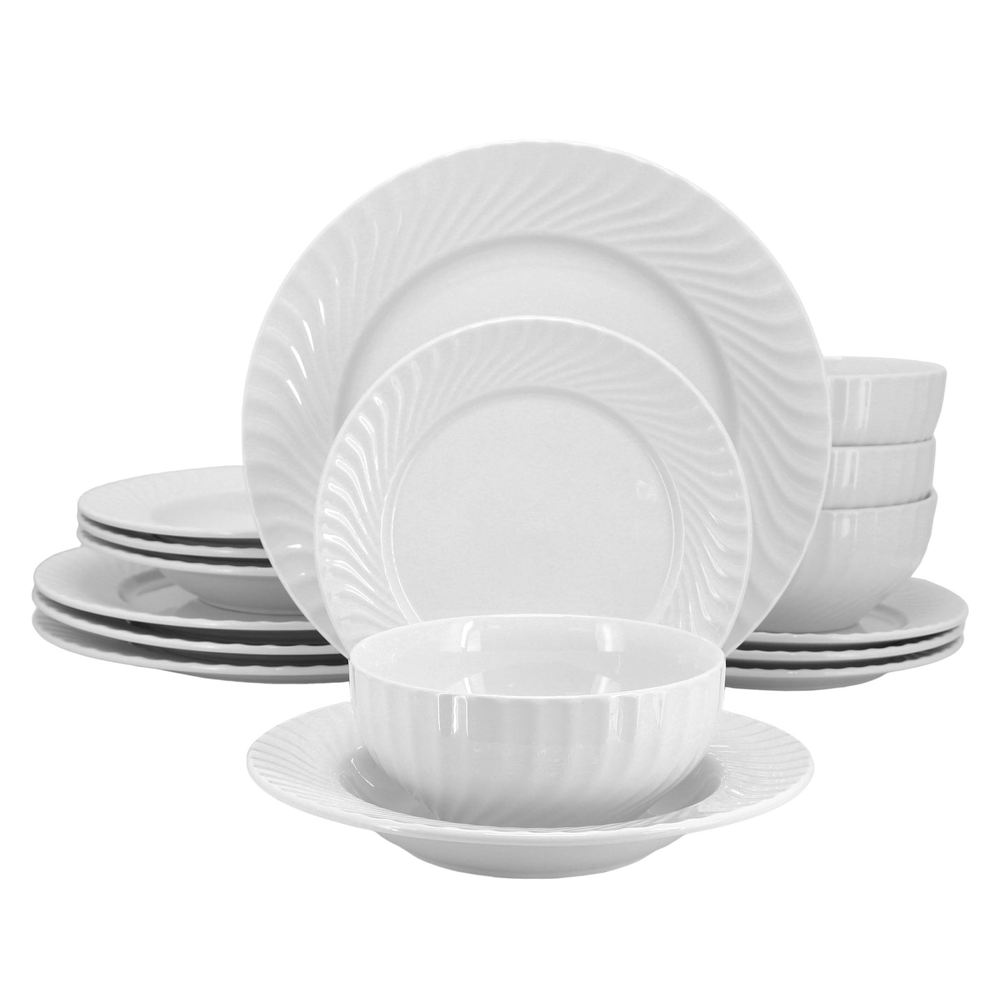 Elama Julia 16 Piece Scalloped Double Bowl Porcelain Dinnerware Set White
