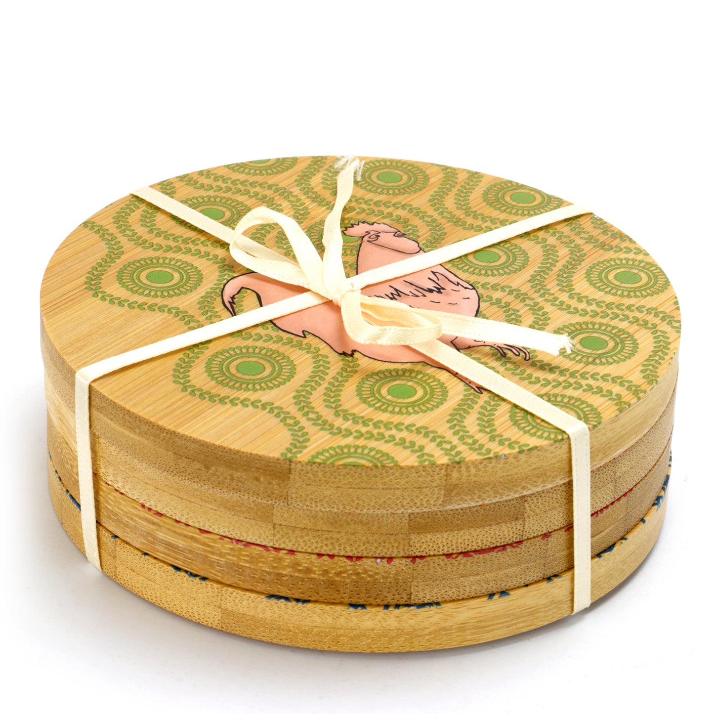 Urban Market 4 Piece Bamboo Coaster Set w Decorative Farm Animals