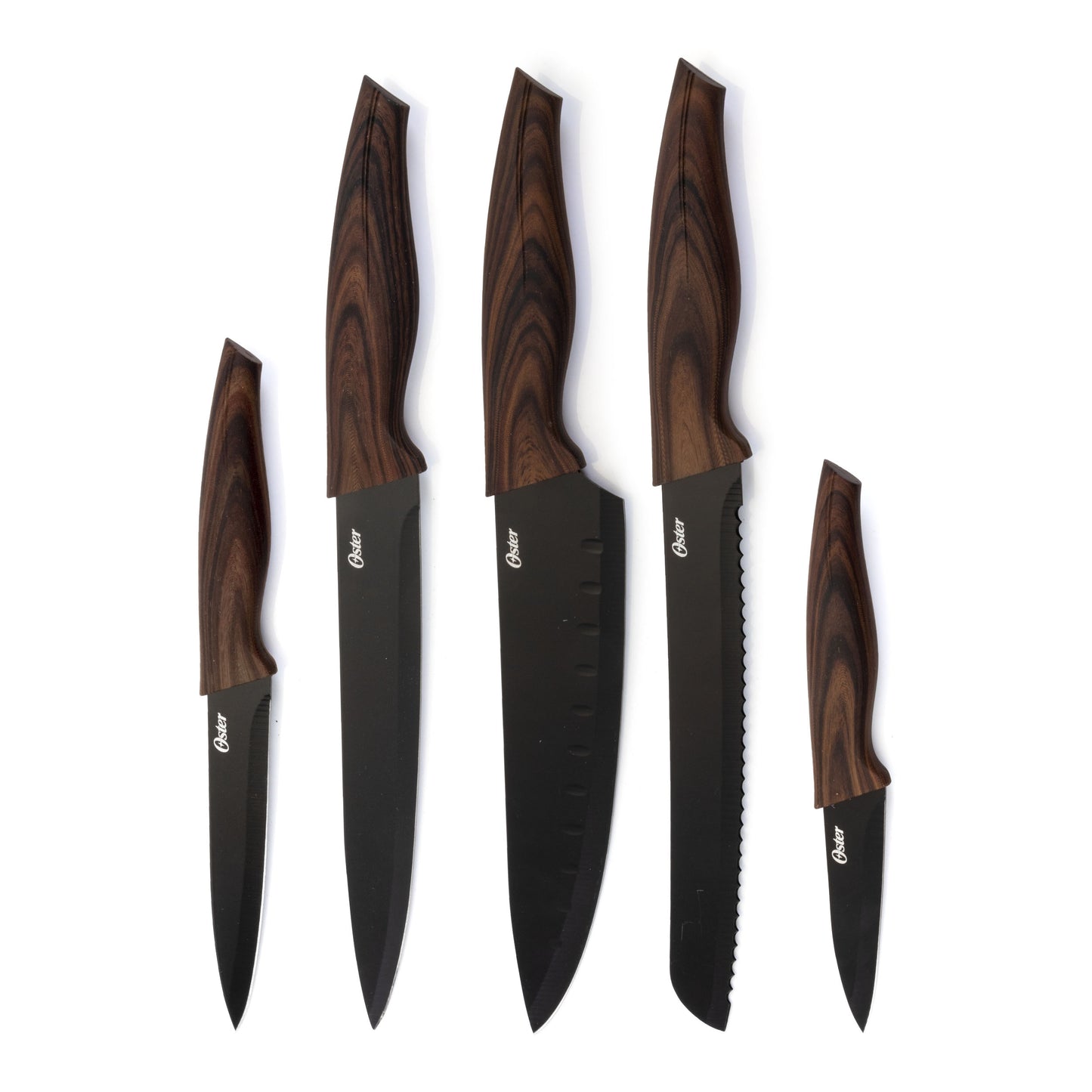 Oster Godfrey 5 Piece Stainless Steel Black Cutlery Set w Wood Print Handles