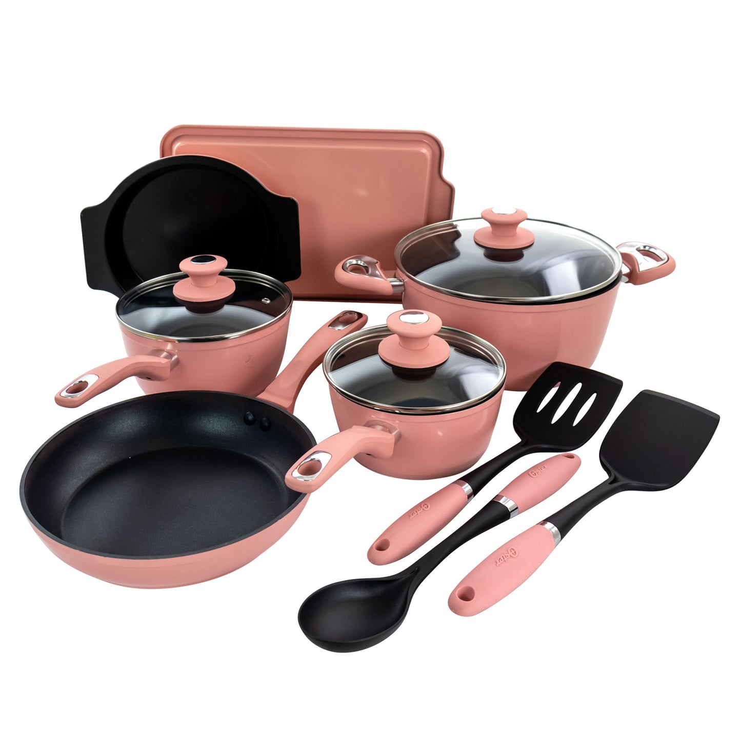 Oster Lynhurst 12 Piece Nonstick Aluminum Cookware Set in Pink w Kitchen Tools