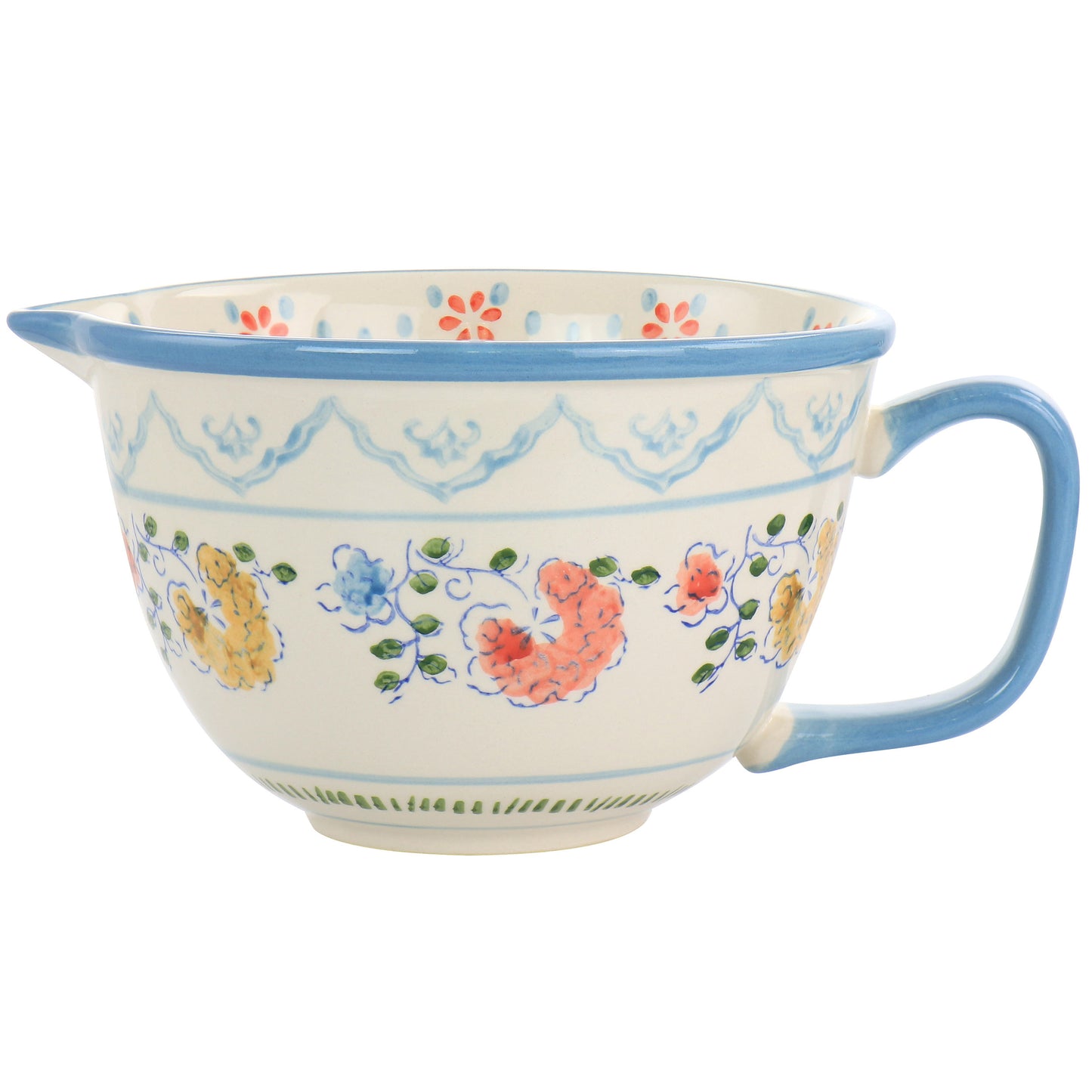 Gibson Elite Anaya Hand Painted 2 Qt Floral Stoneware Batter Bowl w Blue Trim