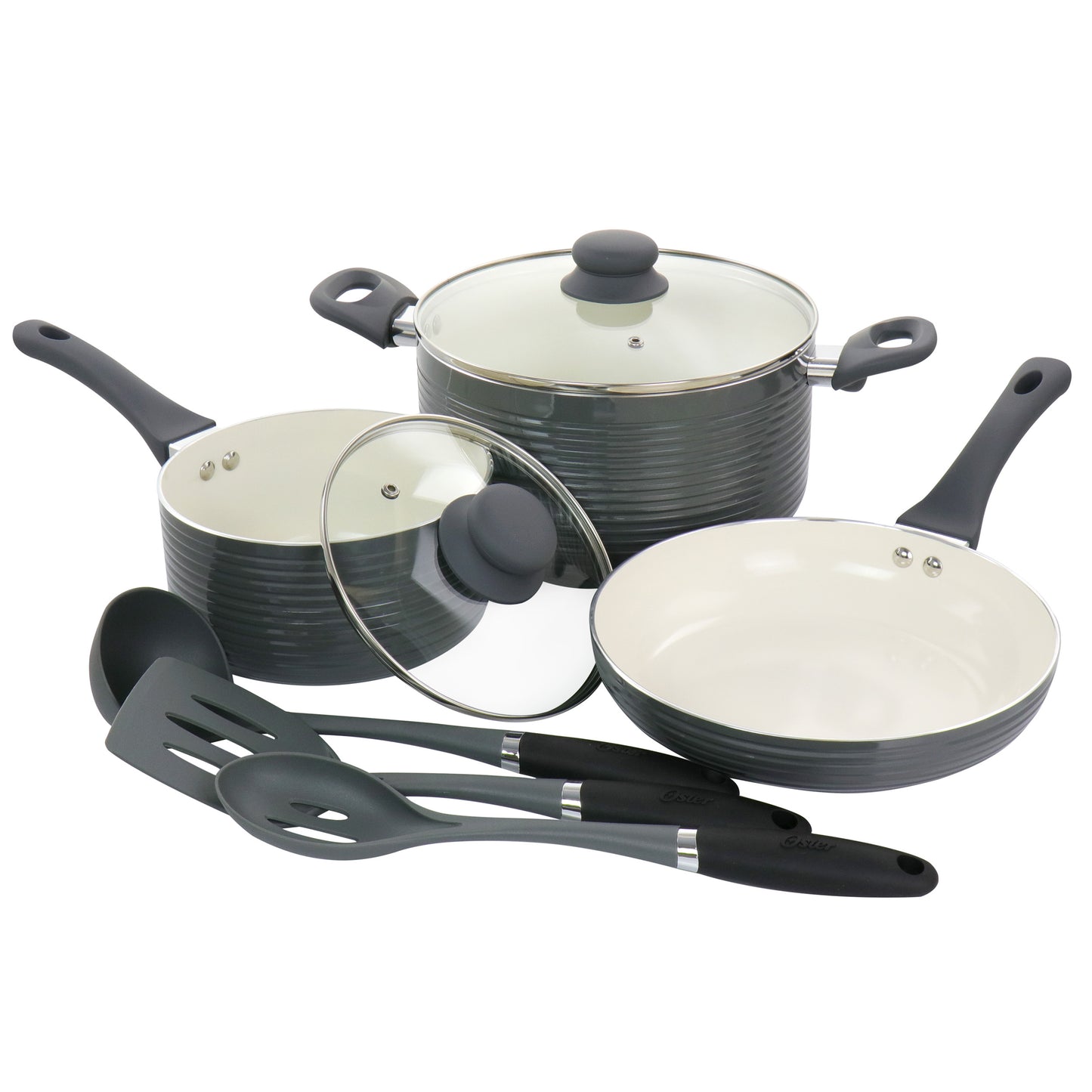 Oster Ridge Valley 8 pc Aluminum Nonstick Cookware Set in Grey
