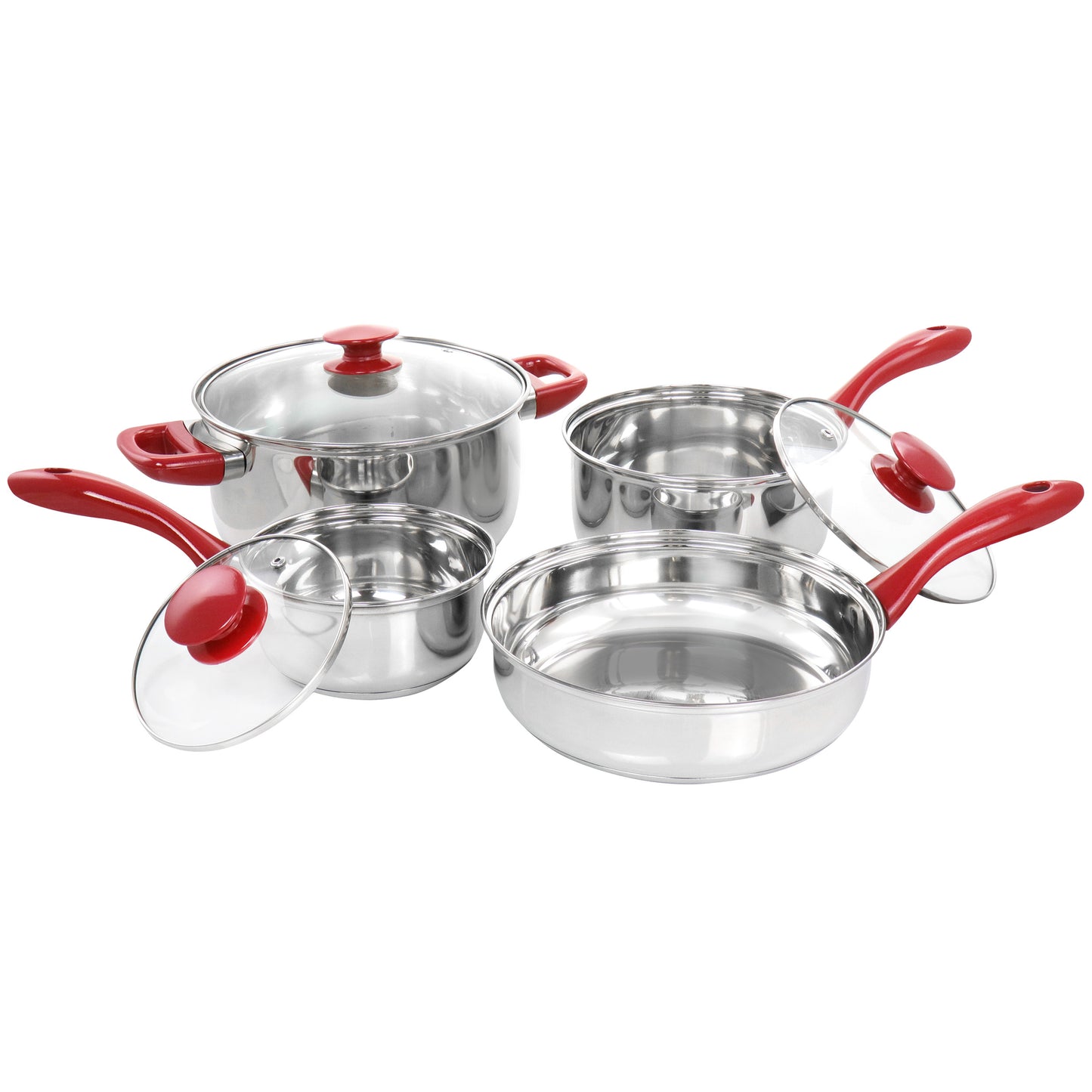 Gibson Home Crawson 7 pc Stainless Steel Cookware Set in Chrome w Red Handles