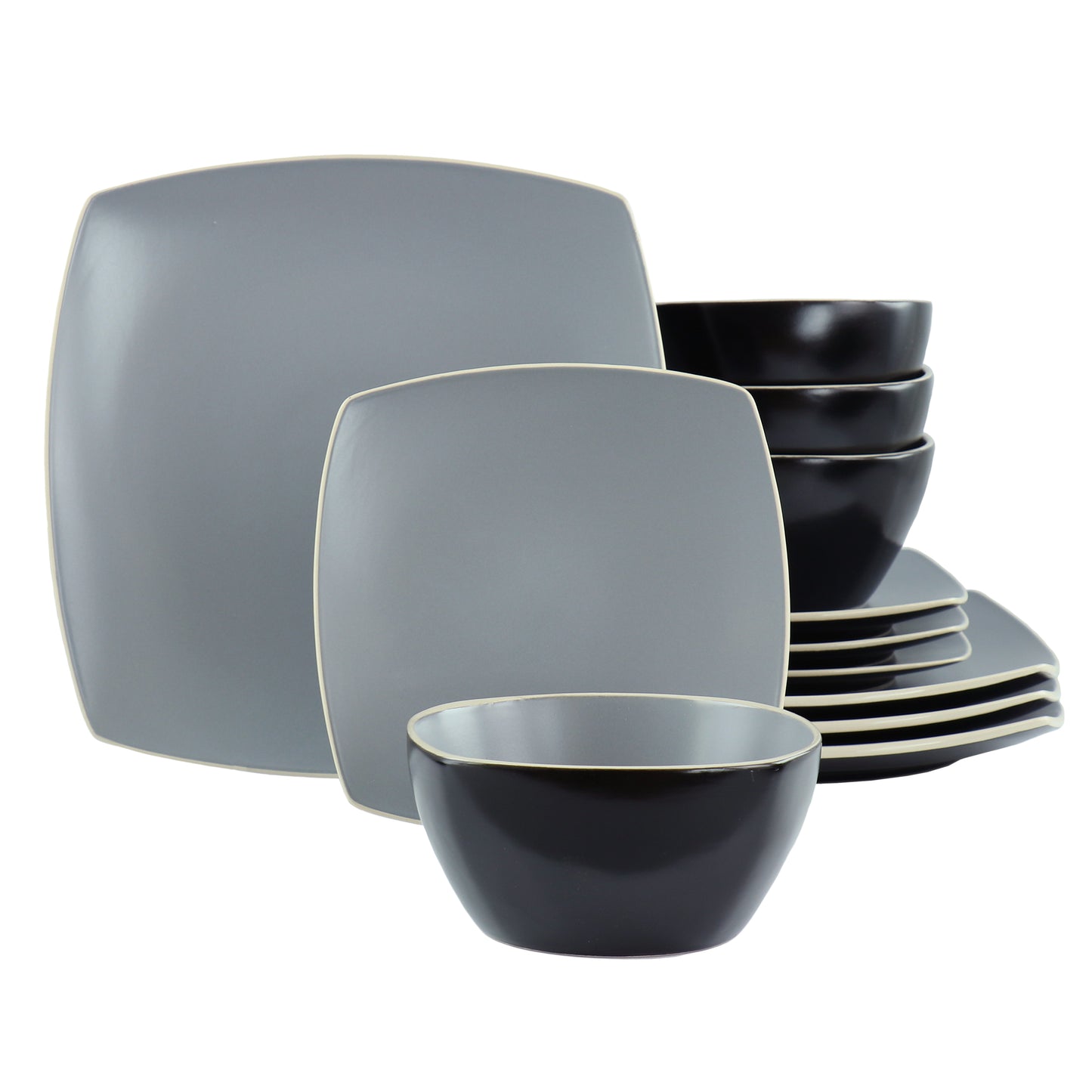 Hometrends Soho Lounge 12 Piece Square Stoneware Dinnerware Set in Grey & Black