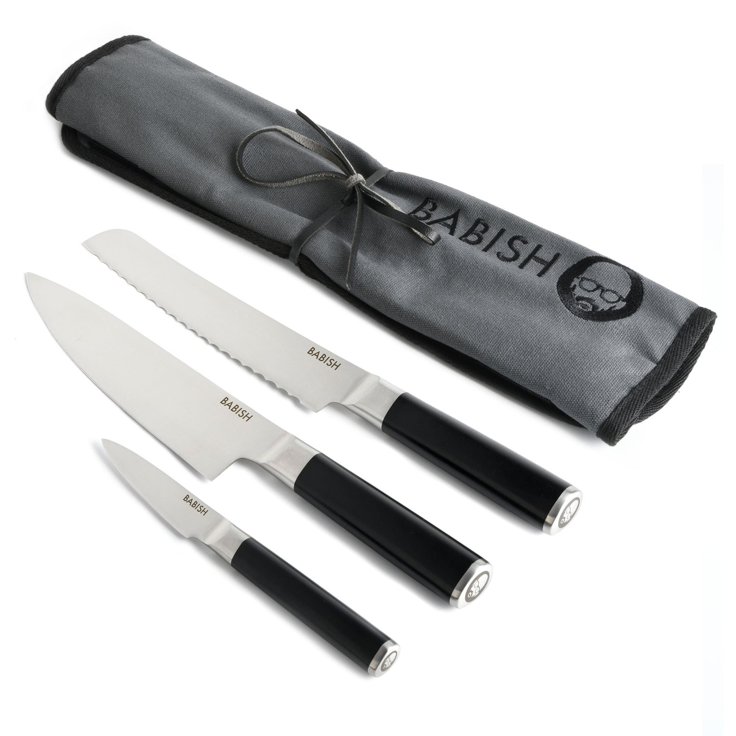 Babish 4 Piece High-Carbon Stainless Steel Knife Set w Knife Roll in Grey