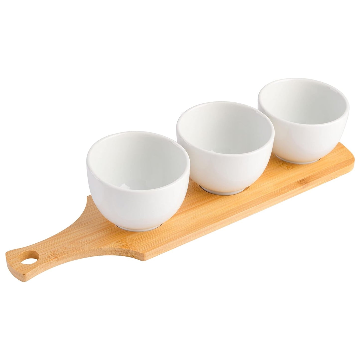 Gibson Gracious Dining 3 Piece White Fine Ceramic Tidbit Bowl Set w Bamboo Serv