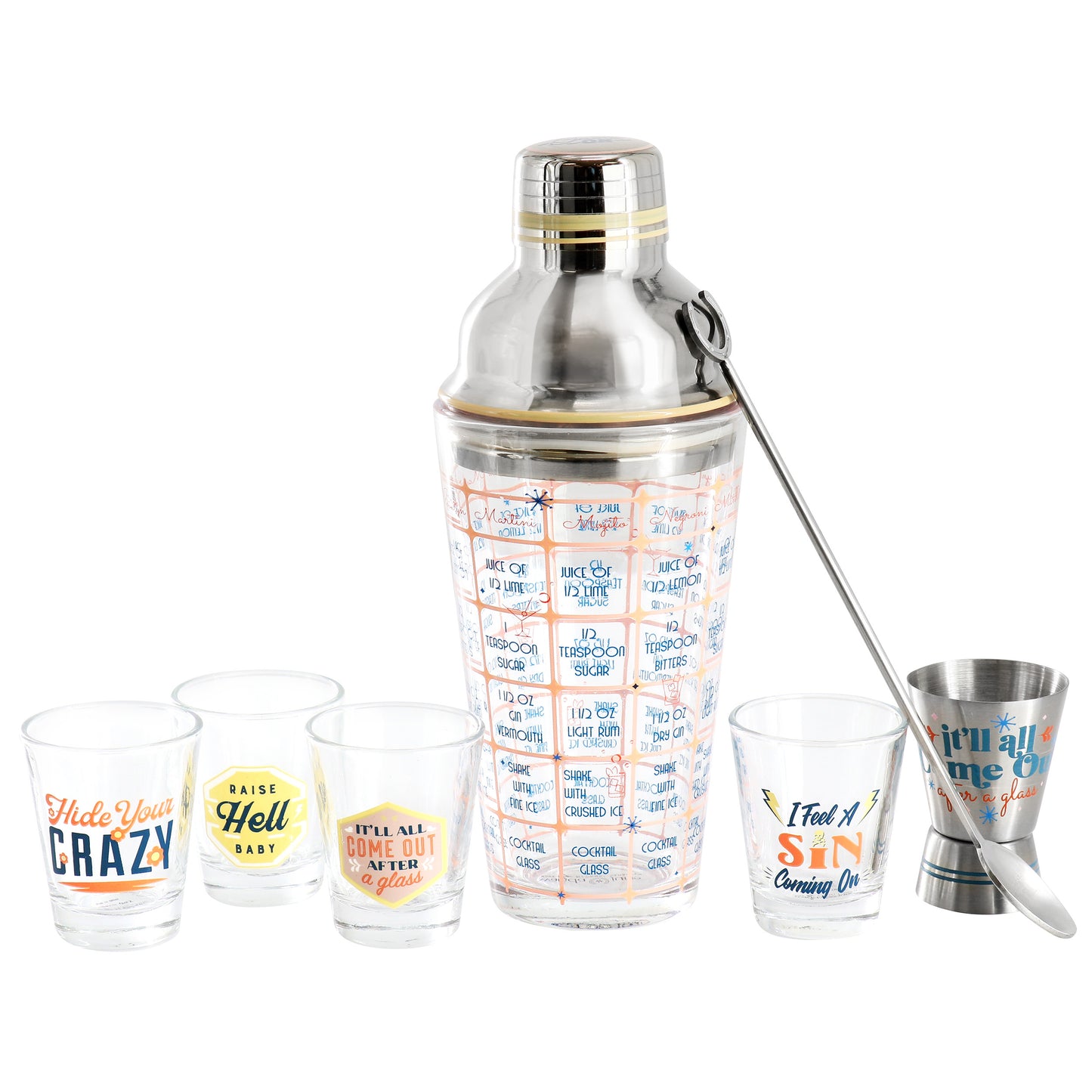 Wanda June Home Bordertown Buzz 7 Piece Glass Bar Collection w Drink Recipe Sha