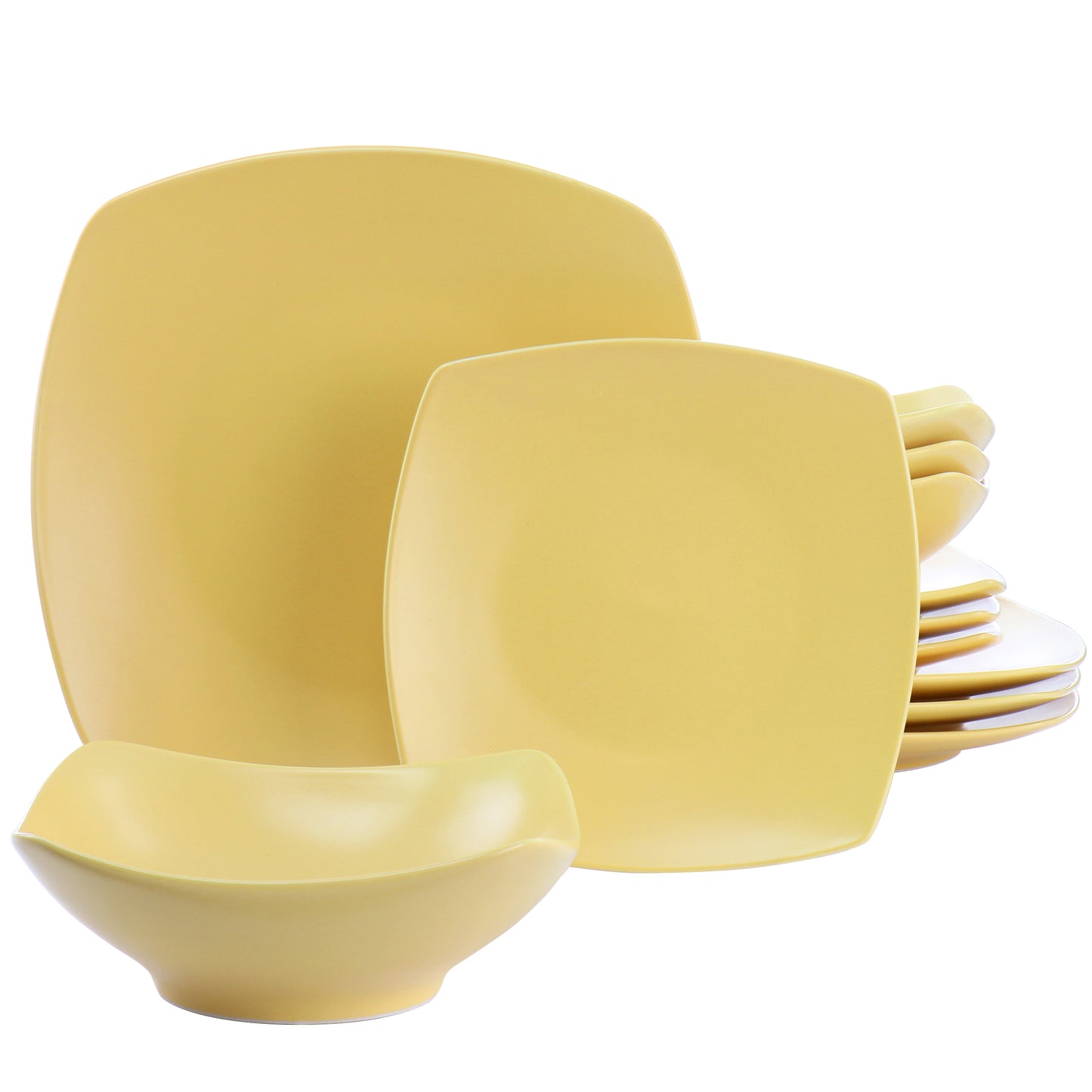 Gibson Home Zen Buffetware 12 Piece Square Fine Ceramic Dinnerware Set Matte Yel