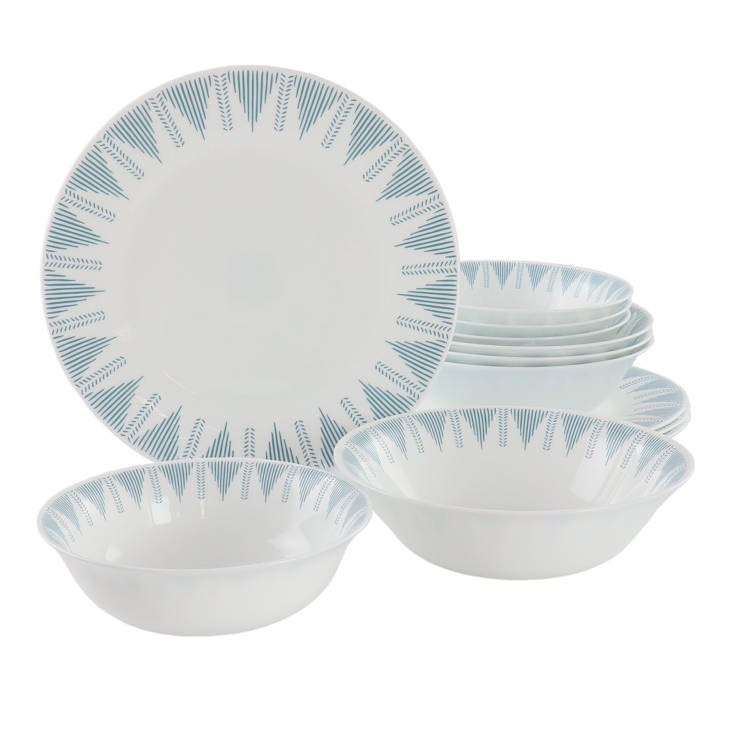 Ultra by Gibson Piper Point 12 Piece Opal Glass Dinnerware Set in White w Blue