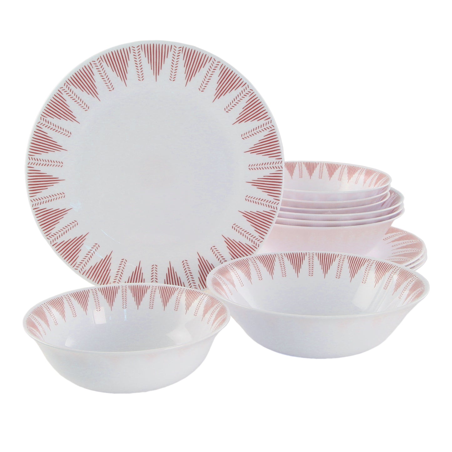 Ultra by Gibson Piper Point 12 Piece Opal Glass Dinnerware Set in White w Red A