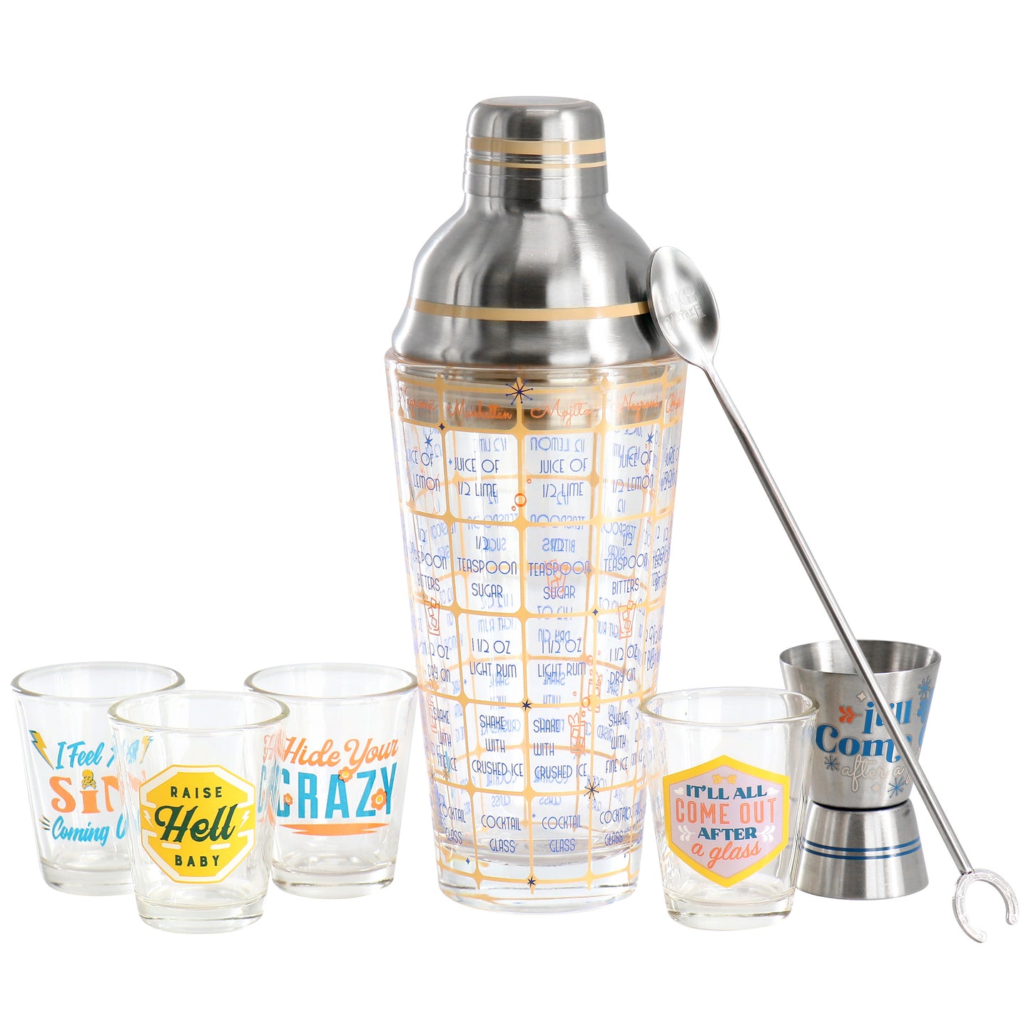 Wanda June Home Bordertown Buzz 7 Piece Glass Bar Collection w Drink Recipe Sha