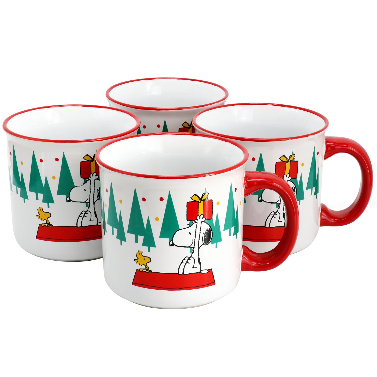 Peanuts Snoopy & Woodstock 4 Piece 21oz Stoneware Christmas Tree Mug Set Red & M