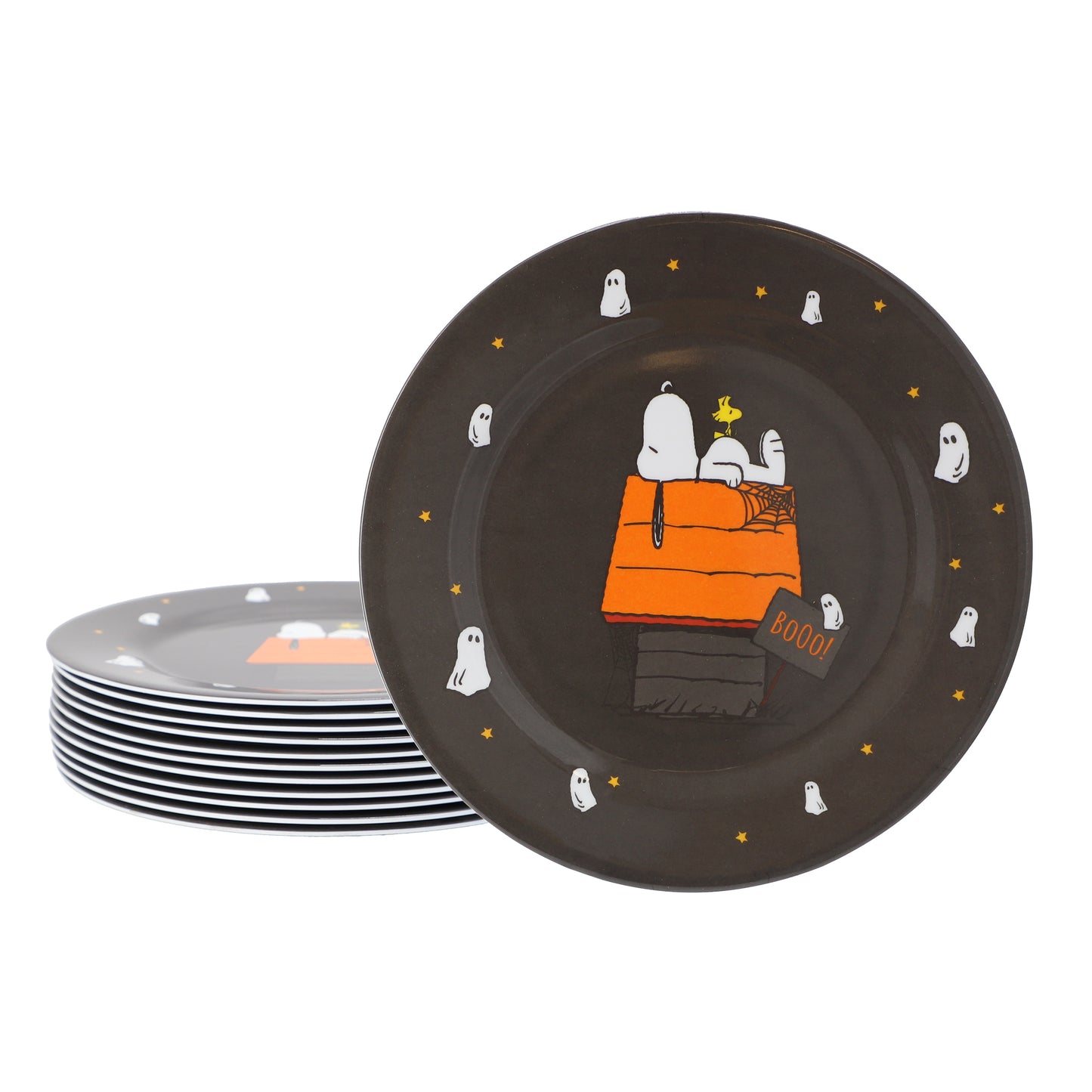 Peanuts Snoopy Pumpkin 12 Piece Melamine 10.5" Dinner Plate Set in Black