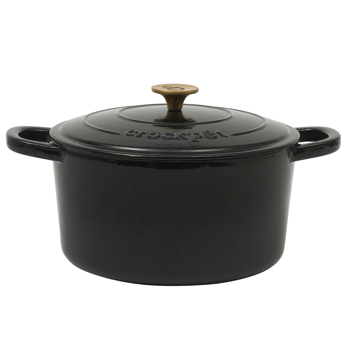 Crock Pot Artisan 7 Quart Round Enameled Cast Iron Dutch Oven in Black w Gold Ha
