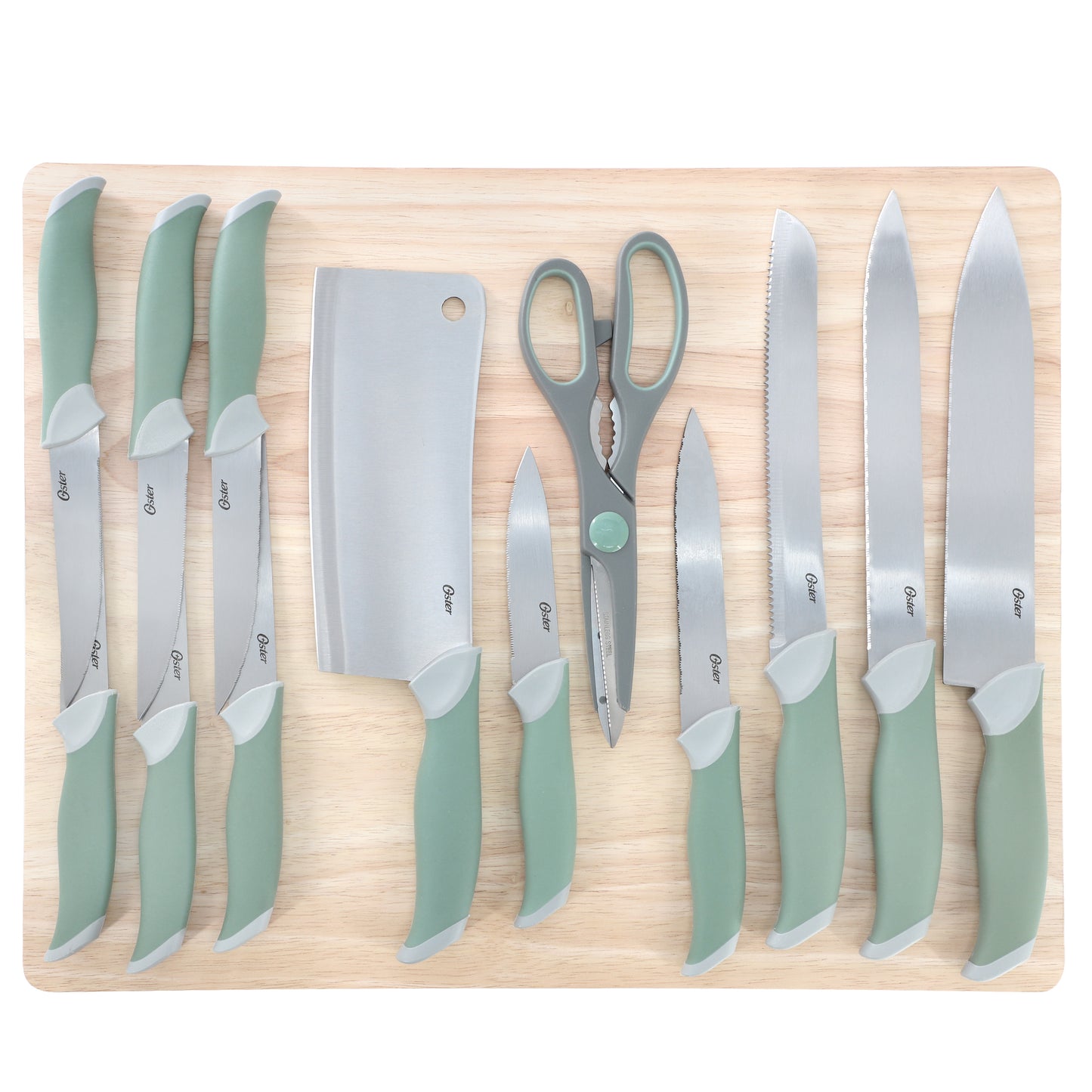 Oster Linbergh 14 Piece Stainless Steel Cutlery & Cutting Board Set in Green w