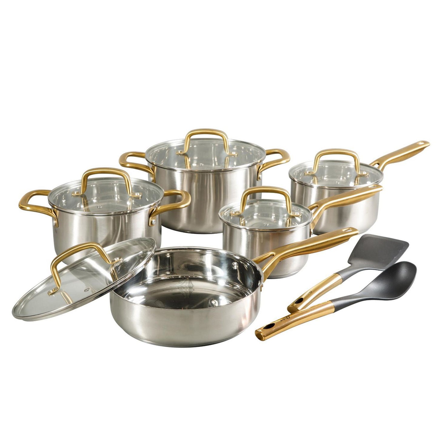 Oster Davinelle 12 Piece Stainless Steel Cookware Set in Silver w Gold Handle