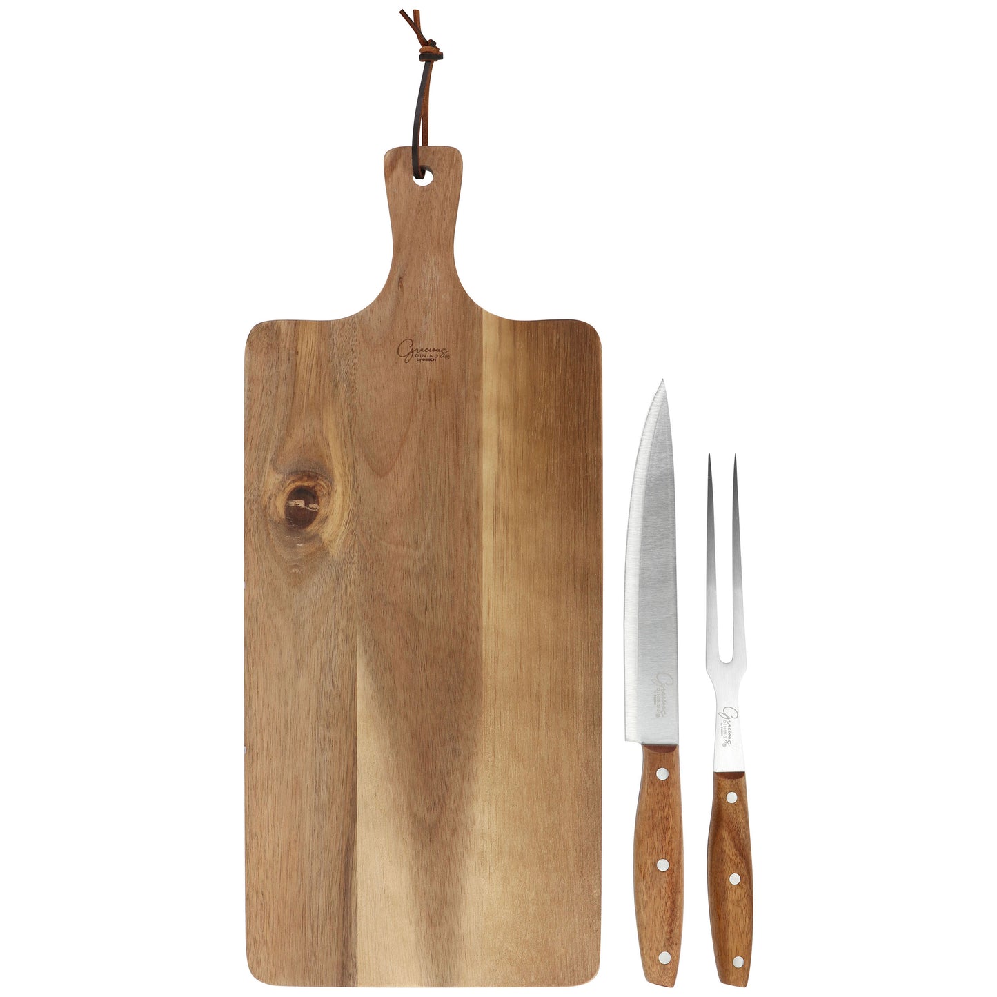 Gibson Elite 3 Piece Acacia Wood Serving Board w Carving Knife & Fork in Brown