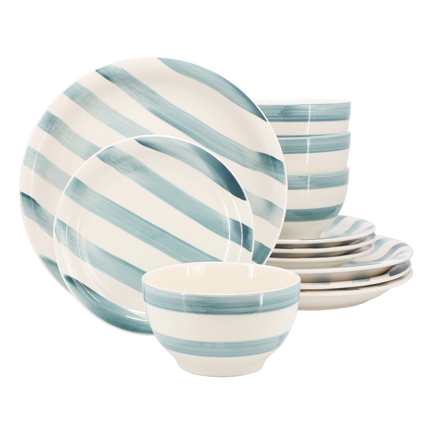 Gibson Home Kenwood Shores 12 Piece Stoneware Dinnerware Set Blue Stripe