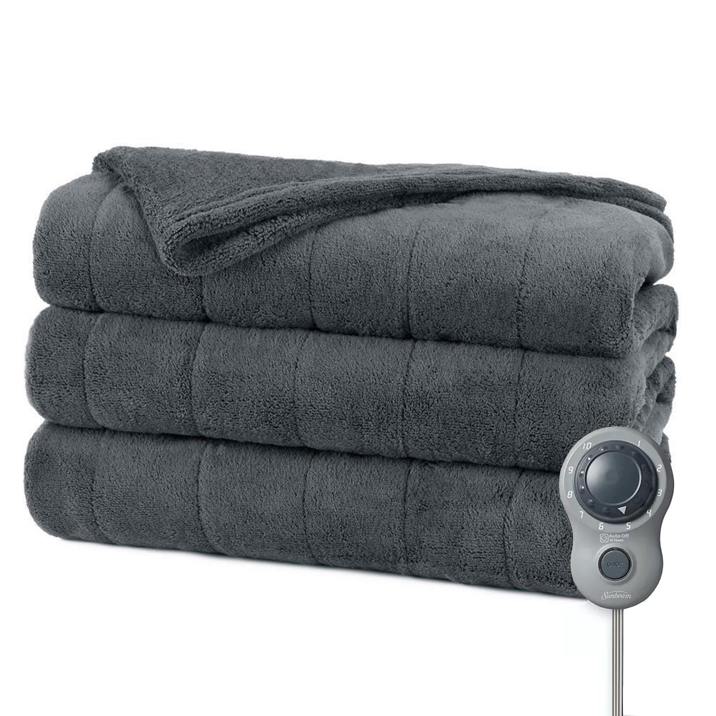 Sunbeam Twin Size Electric Luxurious Velvet Heated Blanket in Slate w Dial Cont