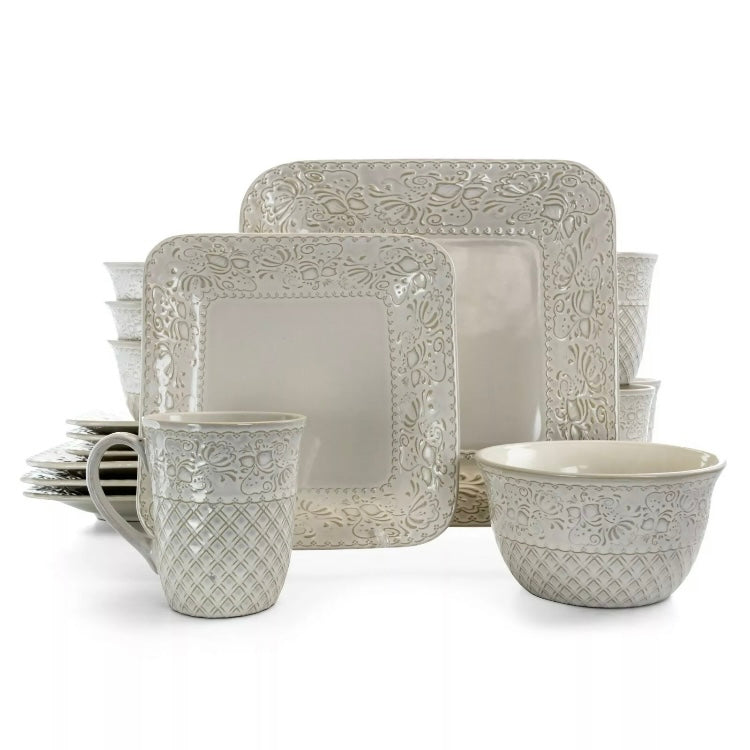 Elama Ivory Lotus 16 Piece Stoneware Embossed Floral Square Dinnerware Set For 4