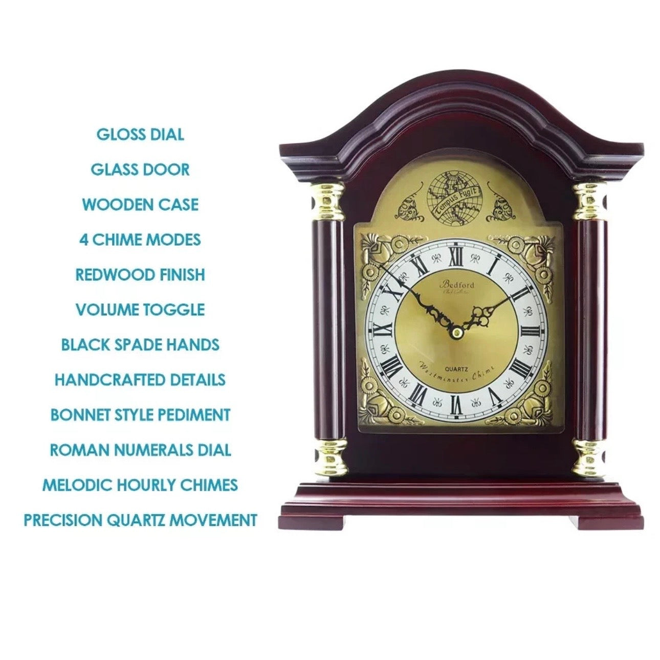 Bedford Redwood Oak Wood Finish Mantel Shelf Desk Clock with 4 Hourly Chimes