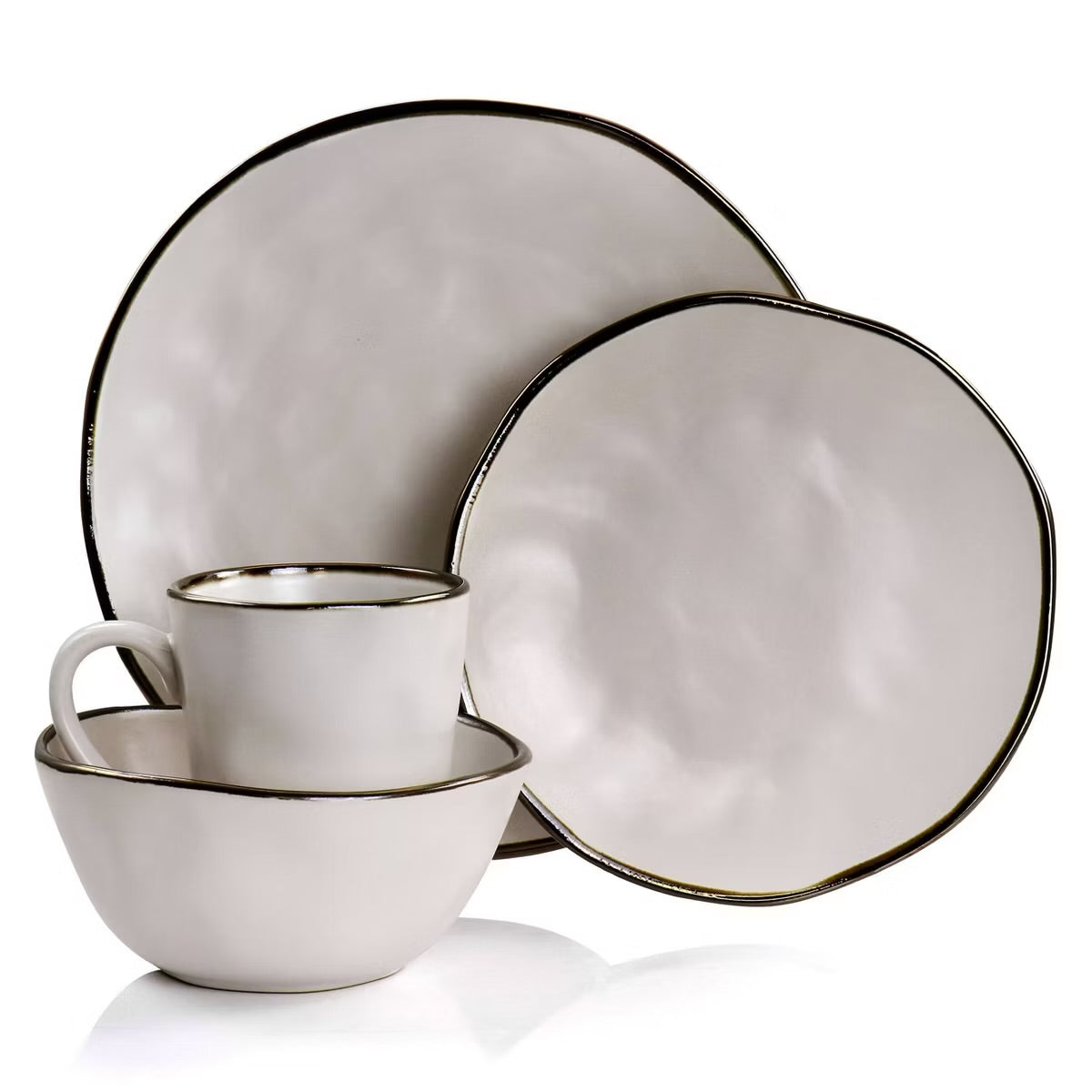 Elama Modern 16 pc Stoneware Dinnerware Set in Matte White w Gold Rim