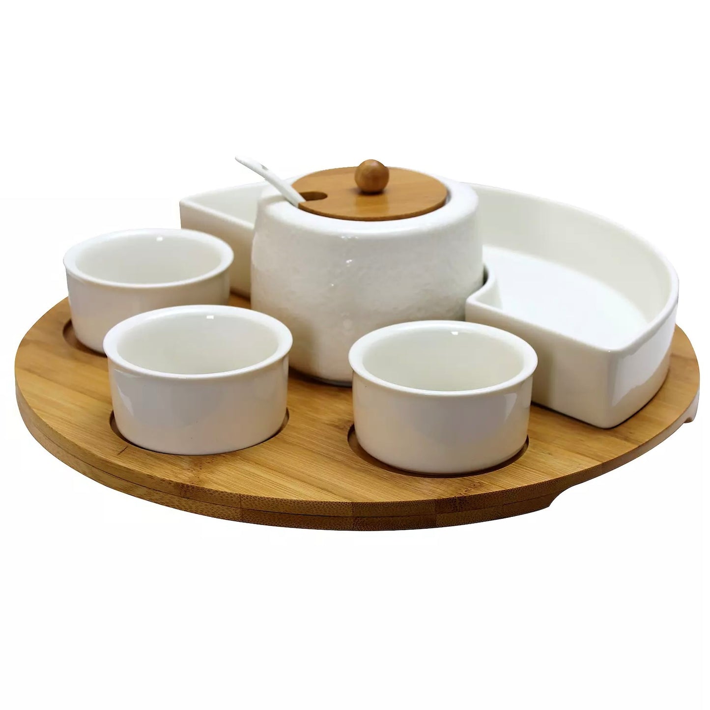 Elama 8 pc Appetizer Set w 4 Dishes Center Condiment Server Spoon & Bamboo Tray