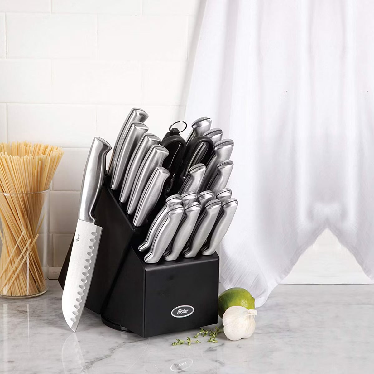 Oster Baldwyn 22 Piece Stainless Steel Handle Cutlery Set w Wooden Block