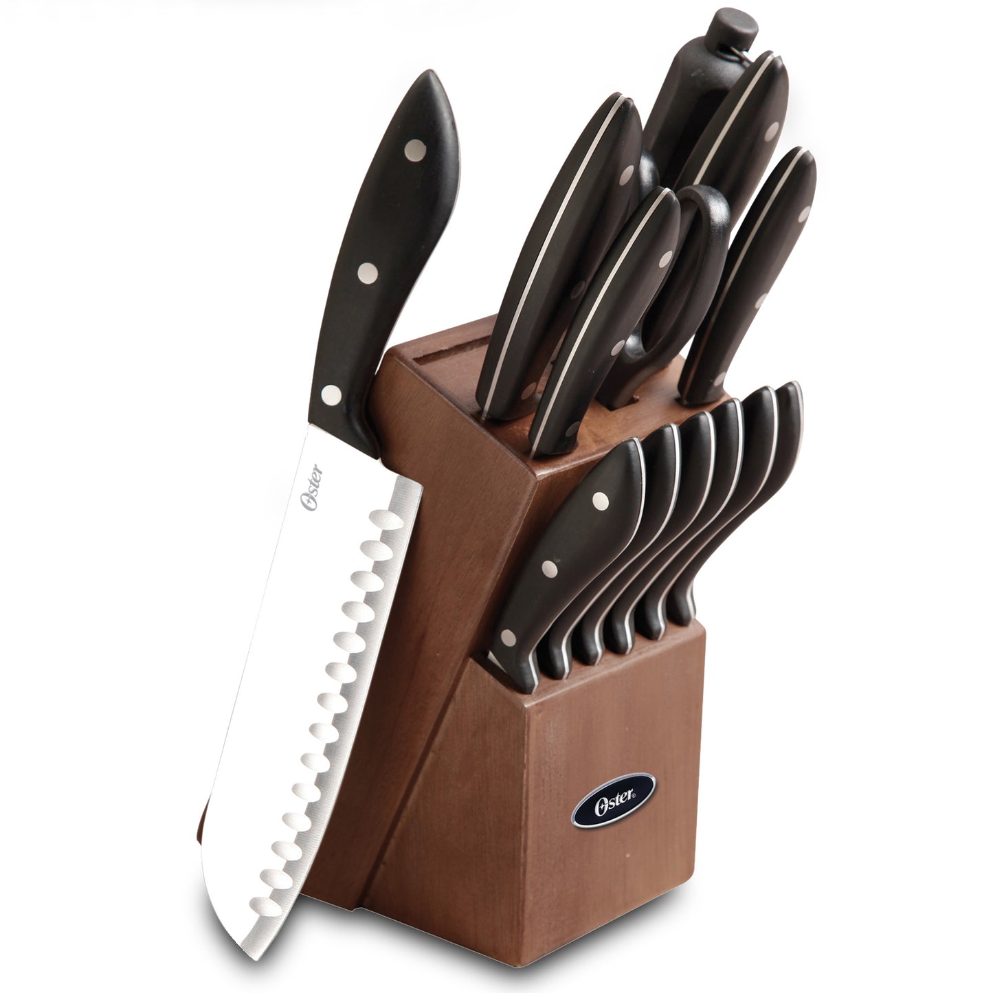 Oster Huxford 14 Piece Stainless Steel Cutlery Set w Black Handles & Wooden Blo
