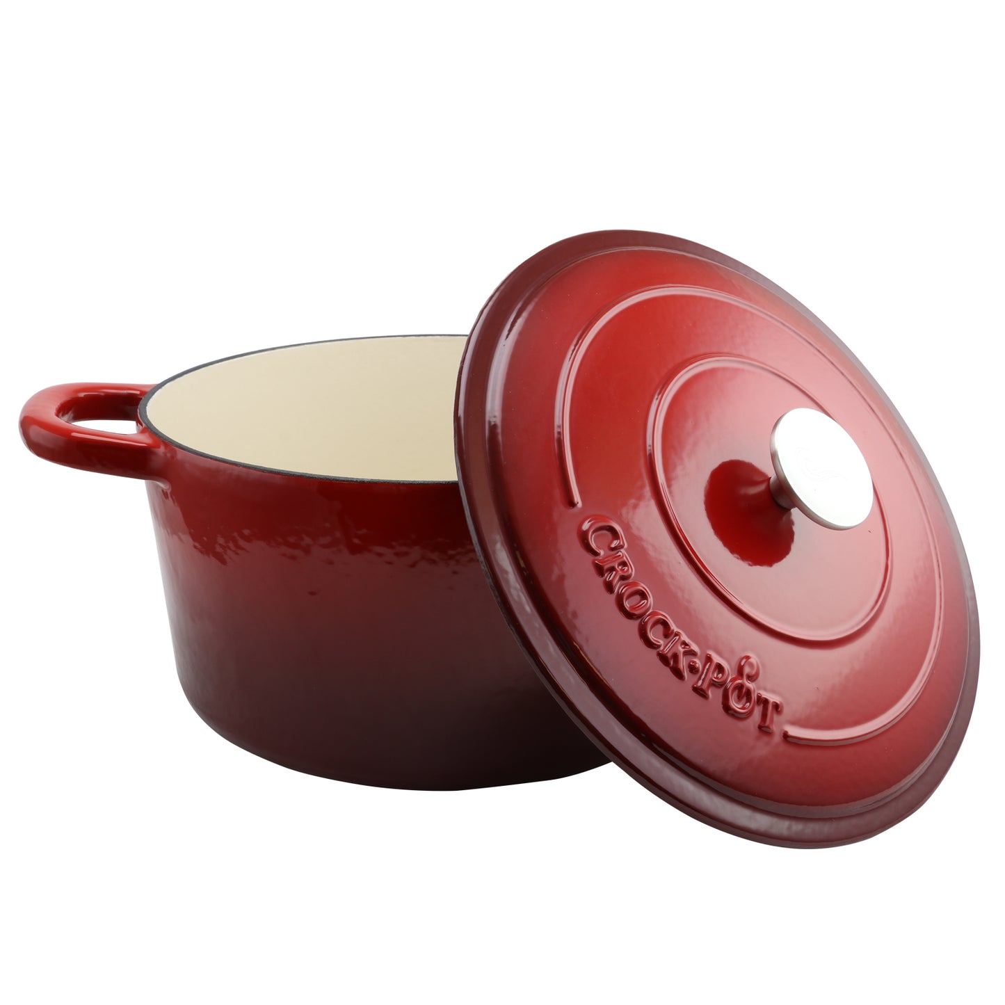 Crock Pot 7 Quart Round Red Enameled Covered Cast Iron Dutch Oven Cooker w Lid