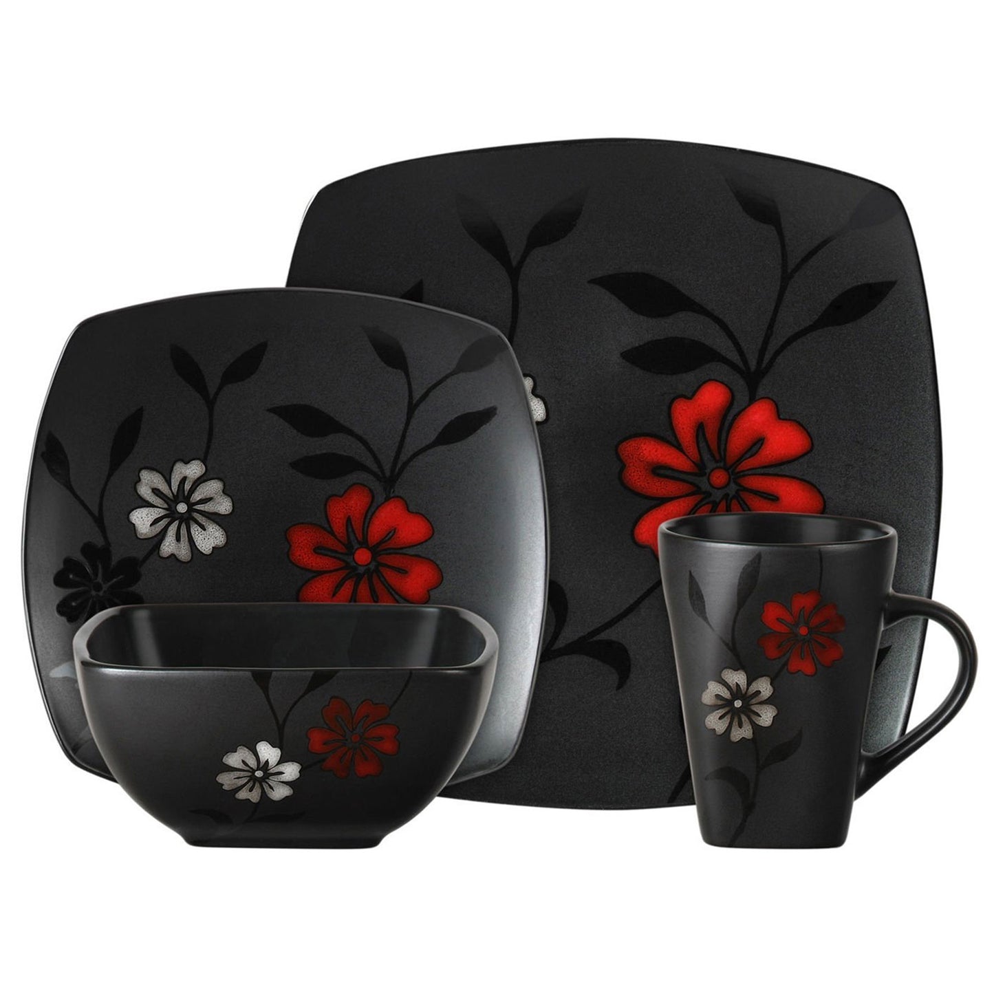 Gibson 16 pc Evening Blossom Black Soft Square Ceramic Dinnerware Set