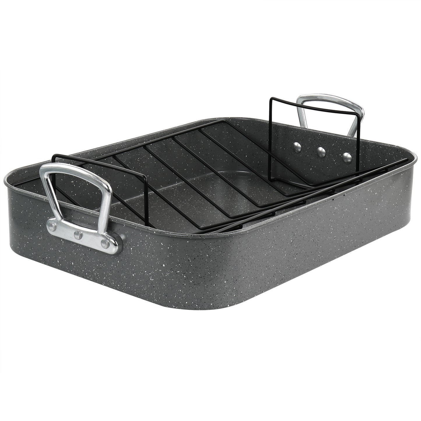 Gibson Greystone 2 Piece Carbon Steel 16.25". Turkey Roaster Set in Speckled Gr
