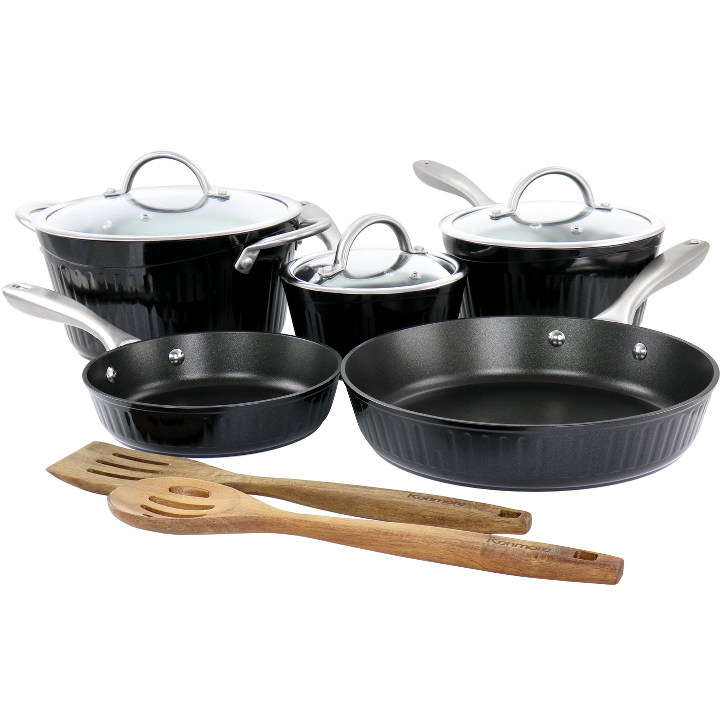 Kenmore Logan 10 pc Aluminum Nonstick Cookware Set in Black w Wood Utensils