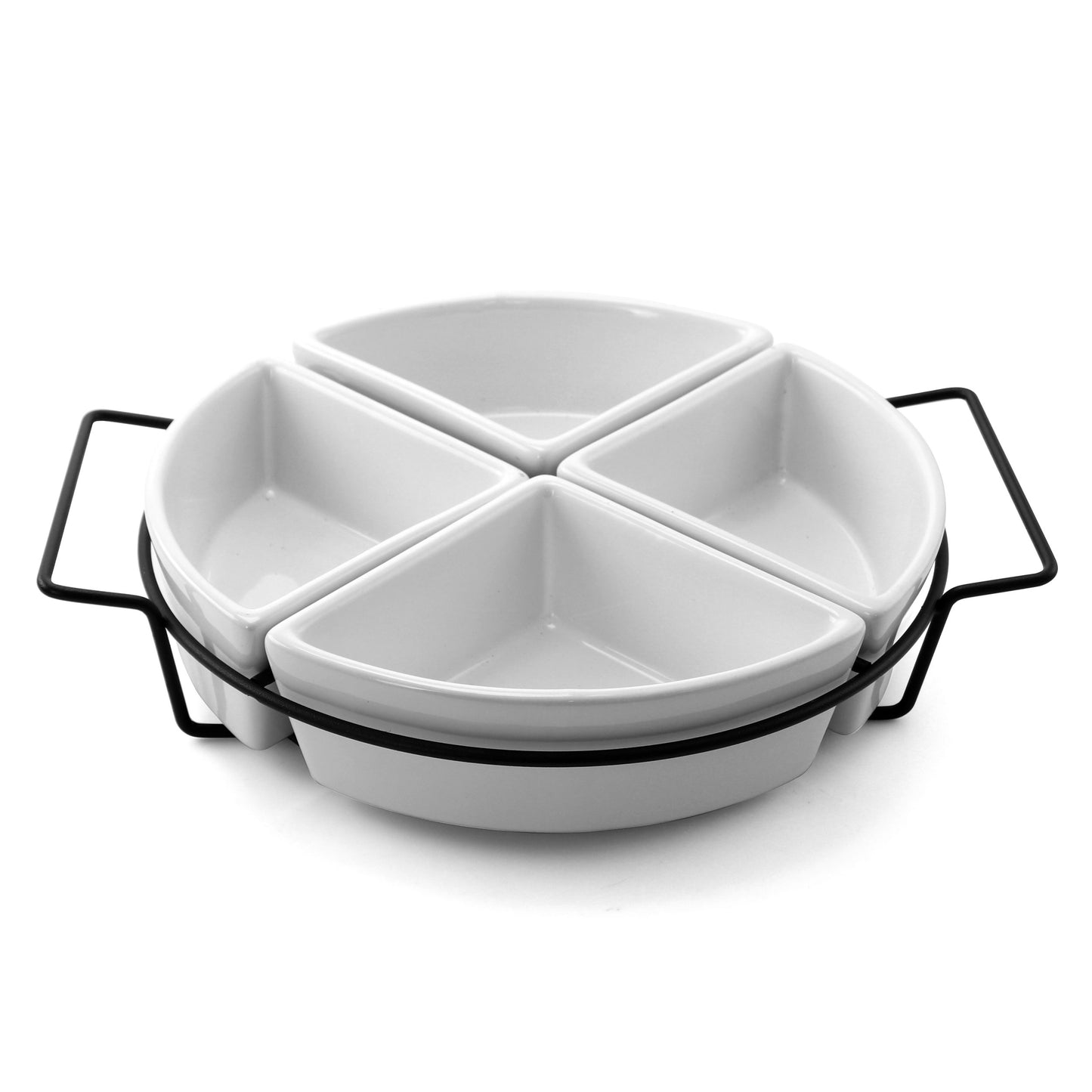 Gibson Gracious Fine Ceramic Dining Four Section Tray Set w Metal Rack in White