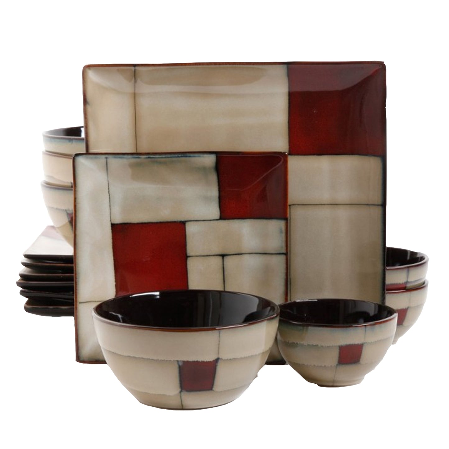 Gibson Elite Azeal 16 pc Square Double Bowl Dinnerware Set in Taupe & Red