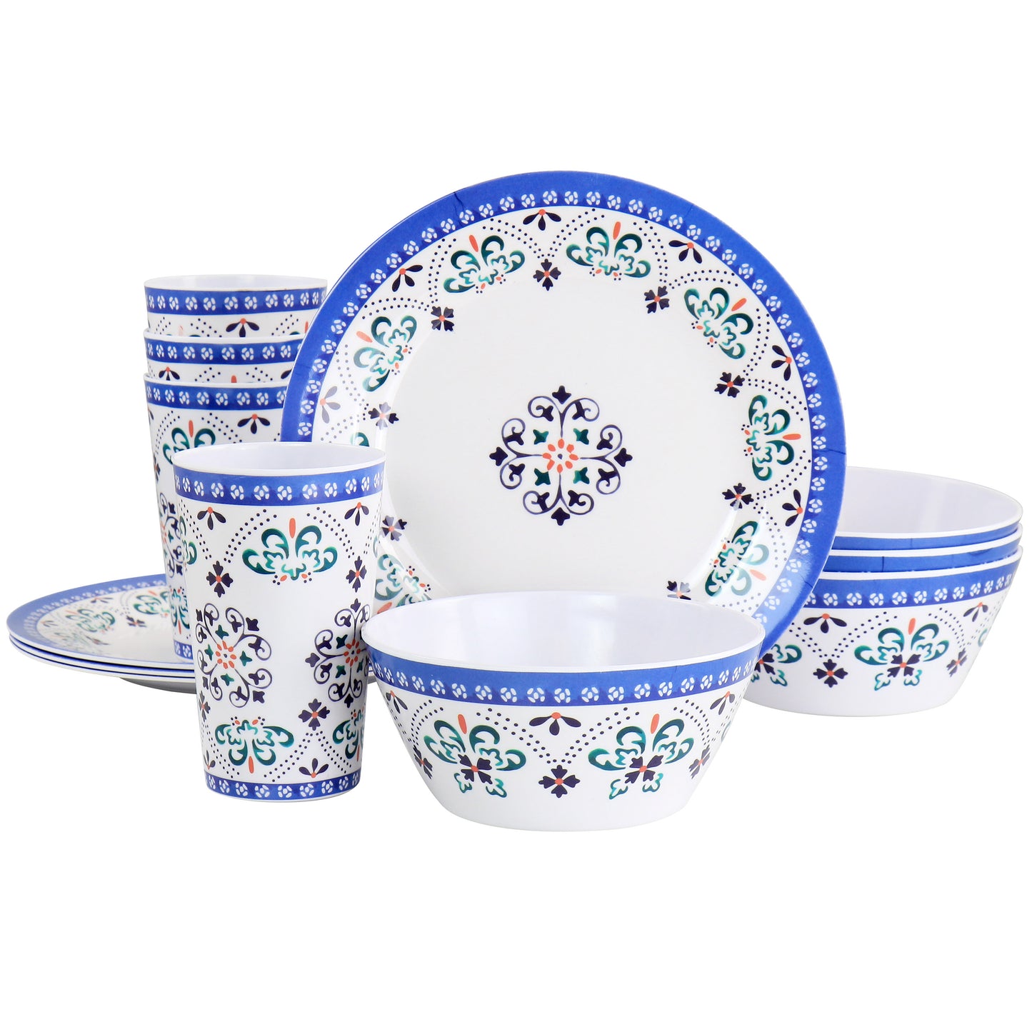 Gibson Everyday Alhambra Blues 12 Piece Melamine Dinnerware Set in Blue & White