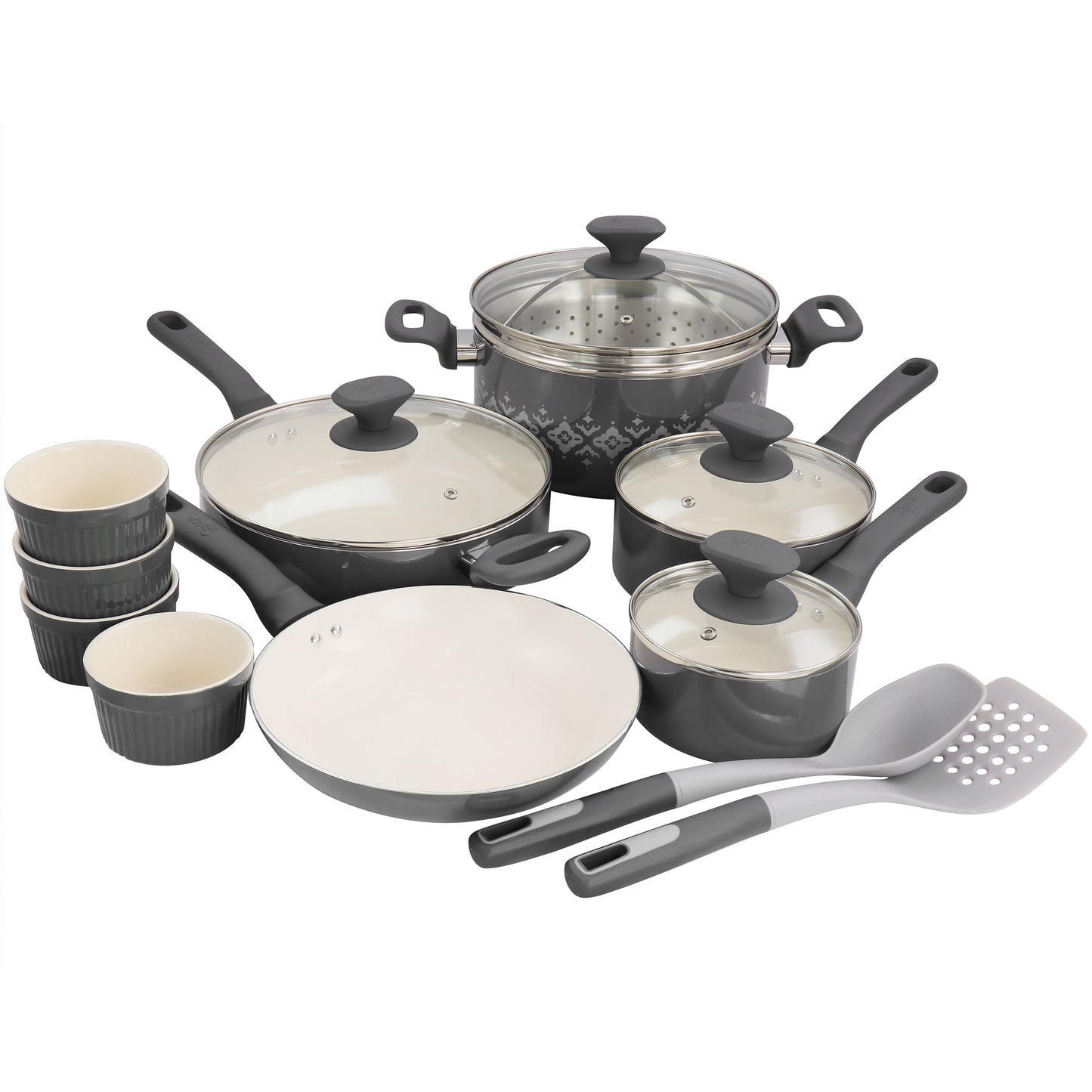 Spice by Tia Mowry Savory Saffron 16 Piece Ceramic Nonstick Cookware Set in Gre