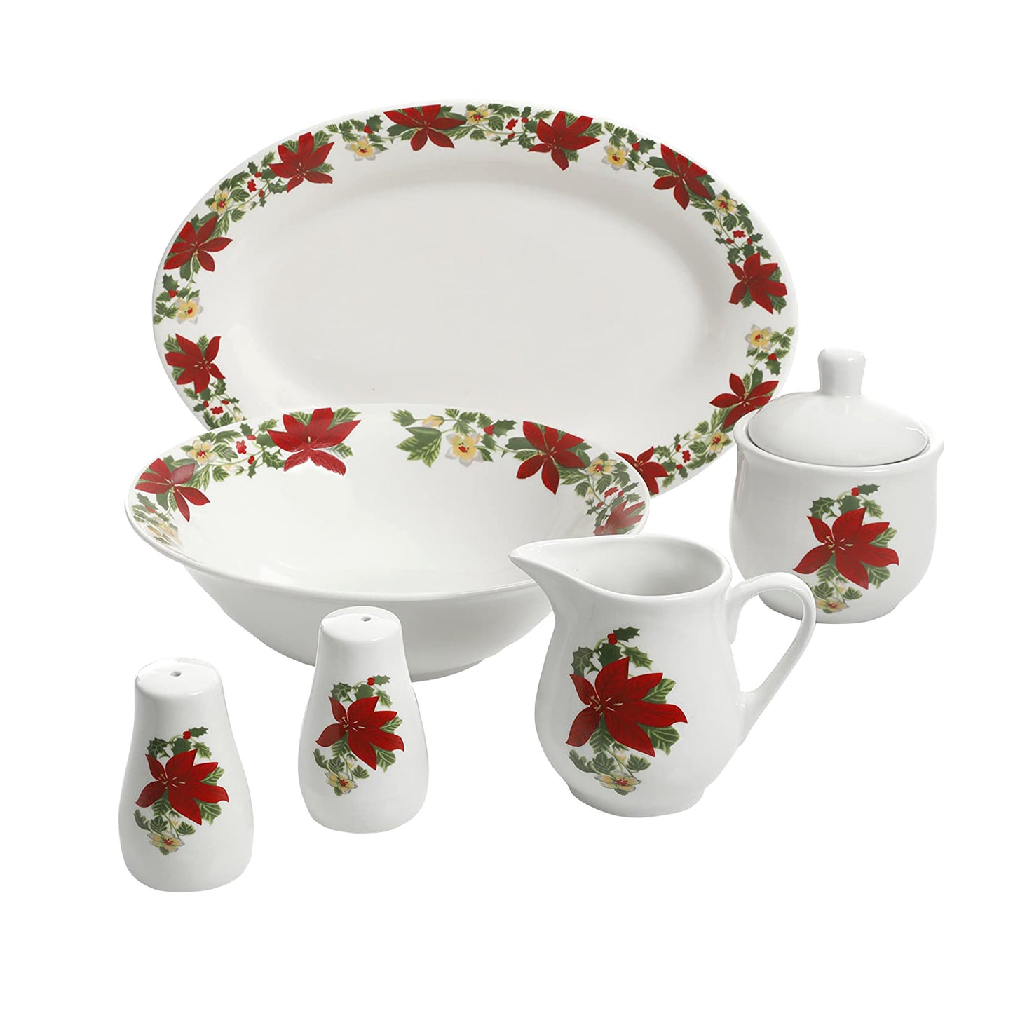 Perfect for Holidays Poinsettia 7 pc Porcelain Serving Set in Red